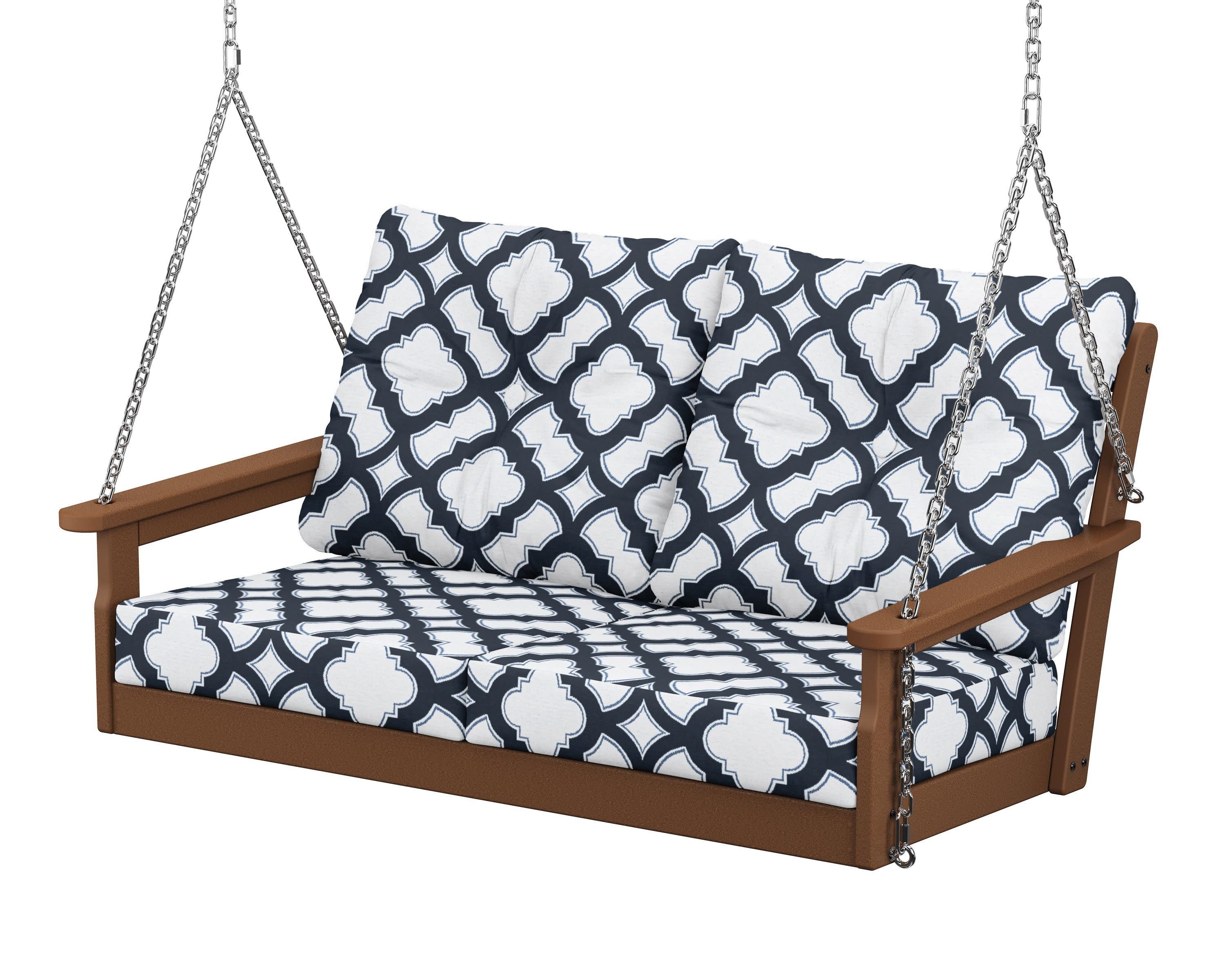 Vineyard Deep Seating Swing in Teak / Trellis Marine Indigo