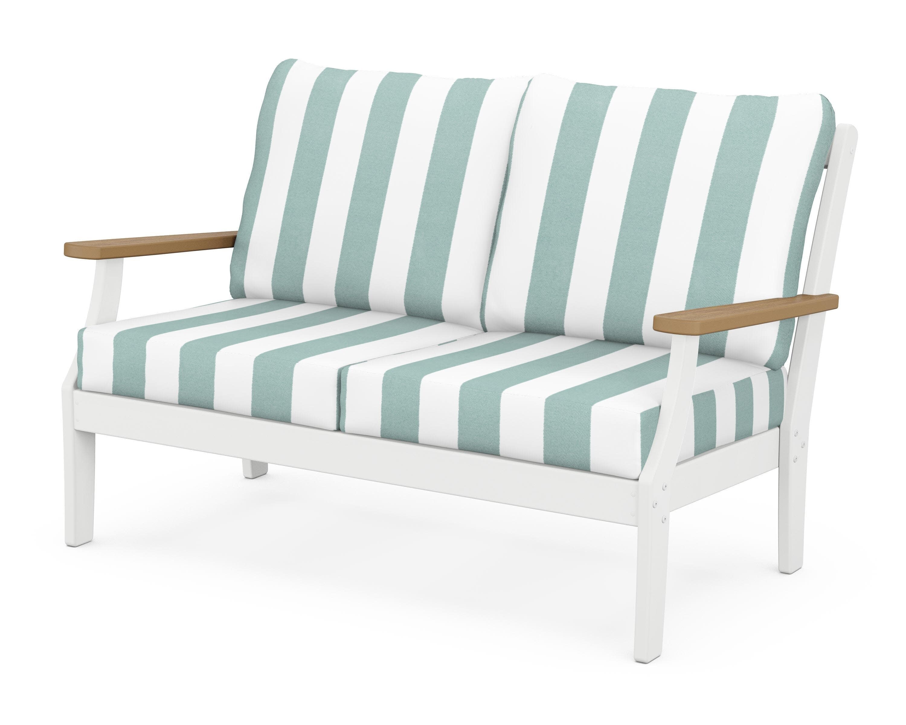 Braxton Deep Seating Loveseat in White / Natural / Cabana Stripe Glacier Spa