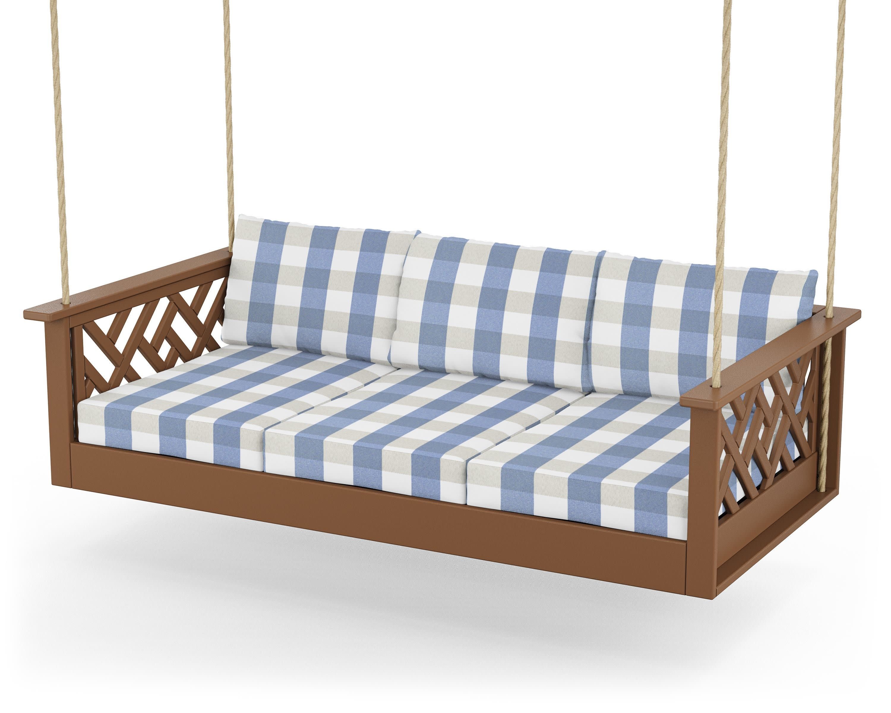 Chippendale Daybed Swing in Teak / Buffalo Plaid Sky Blue