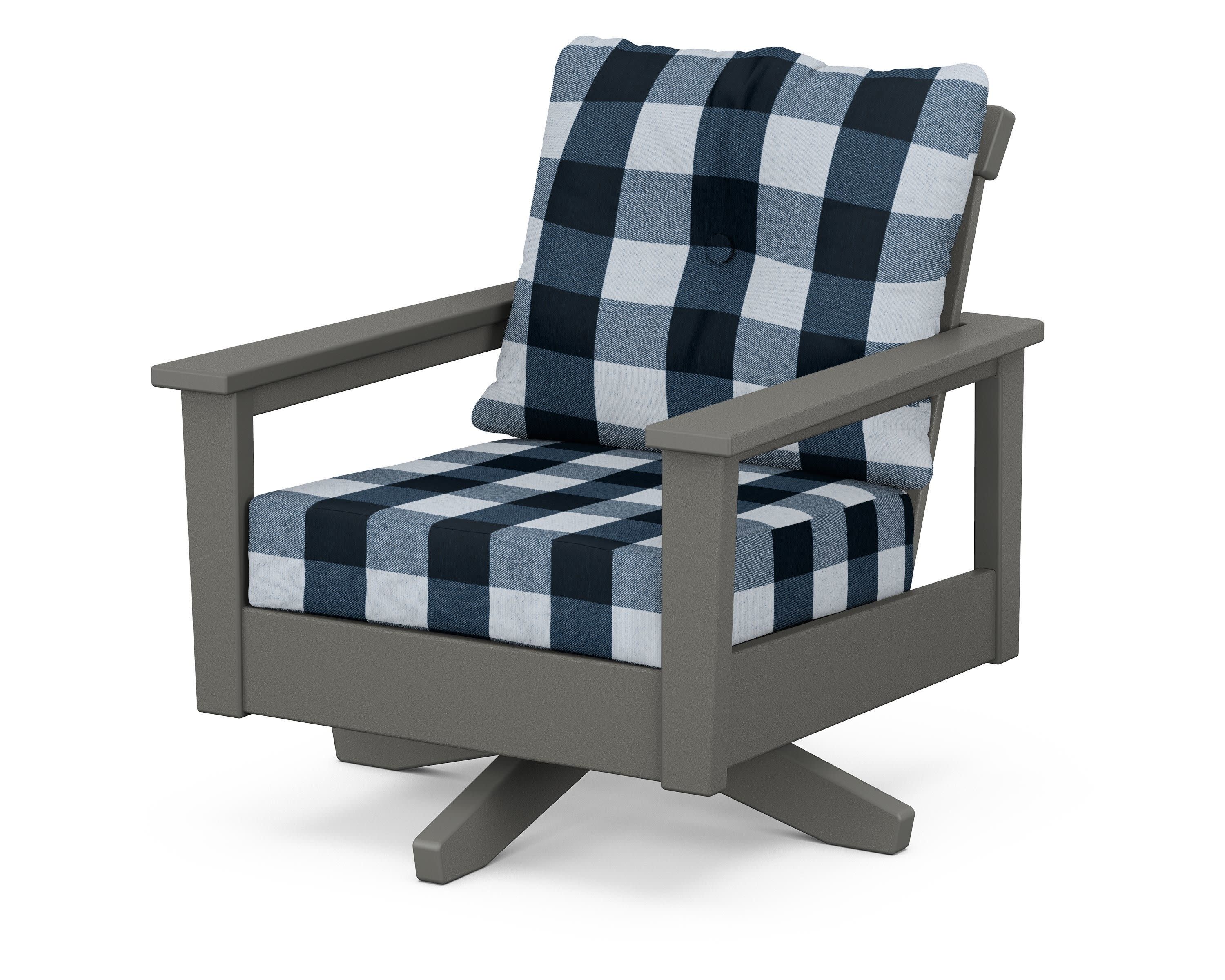 Prescott Deep Seating Swivel Chair in Slate Grey / Buffalo Plaid Marine Indigo