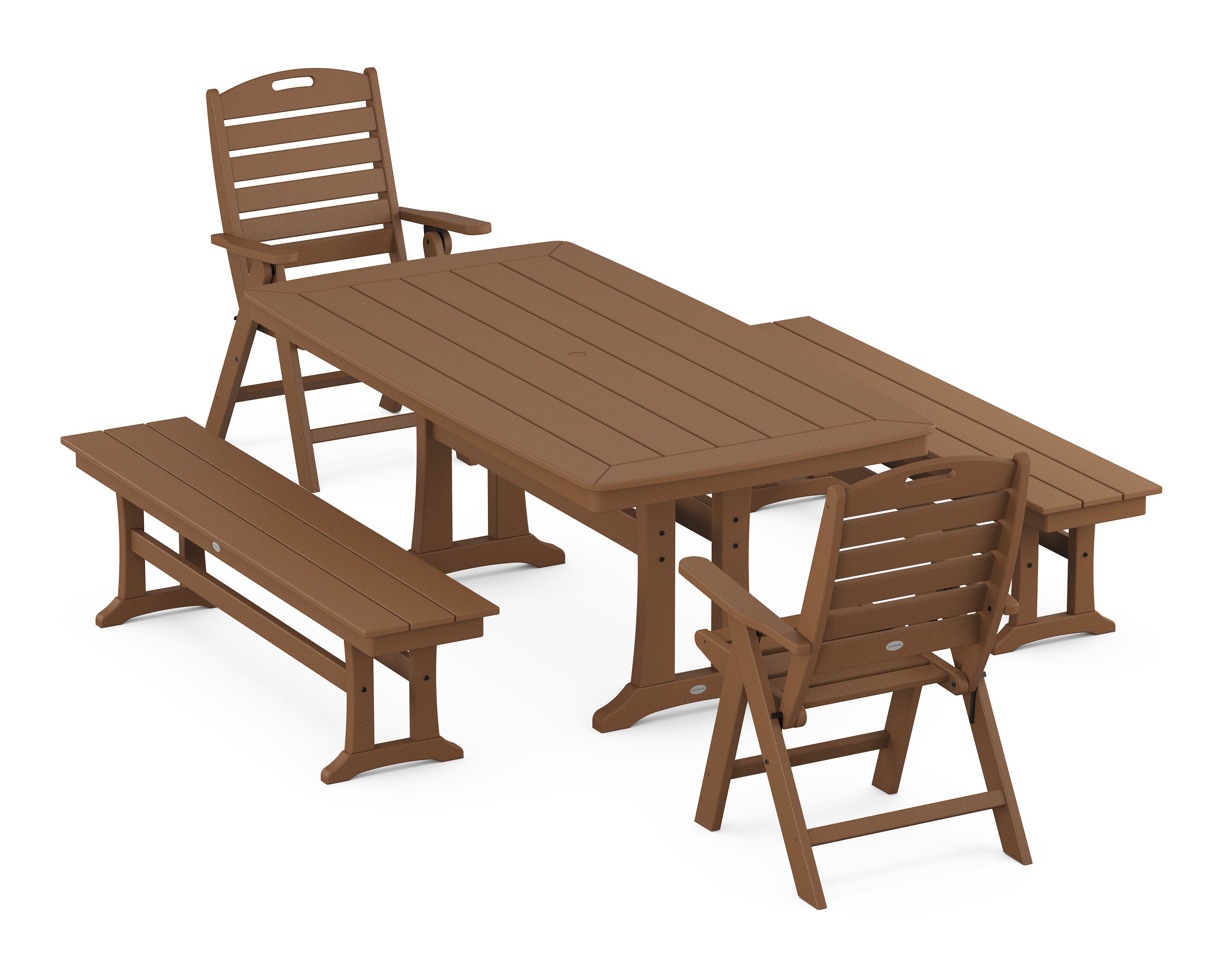 Nautical Folding Highback Chair 5-Piece Dining Set with Trestle Legs and Benches in Teak