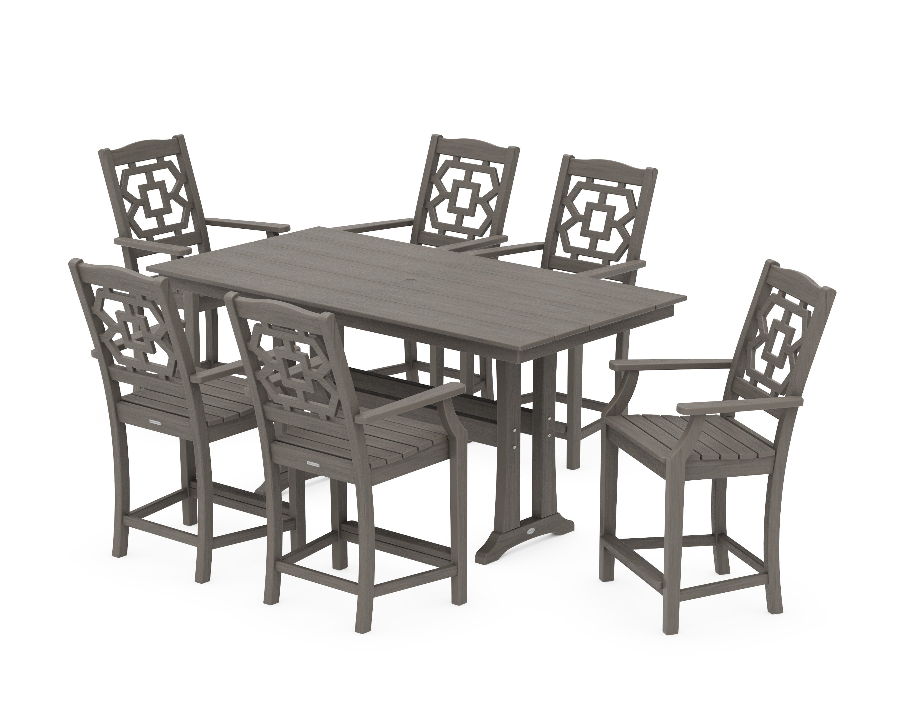 Chinoiserie Arm Chair 7-Piece Farmhouse Counter Set with Trestle Legs in Driftwood