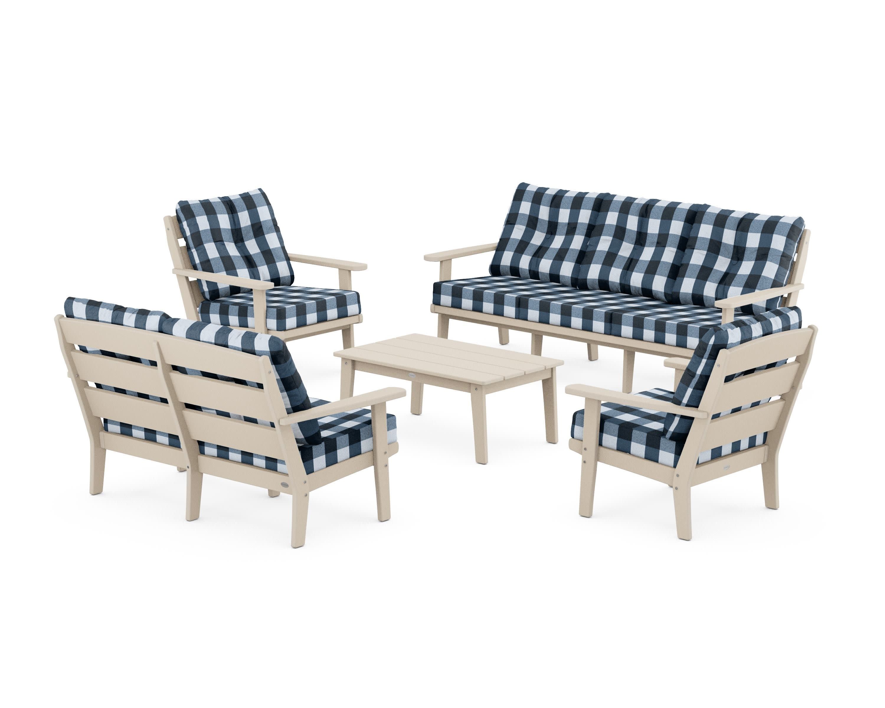 Lakeside 5-Piece Lounge Sofa Set in Sand / Buffalo Plaid Marine Indigo
