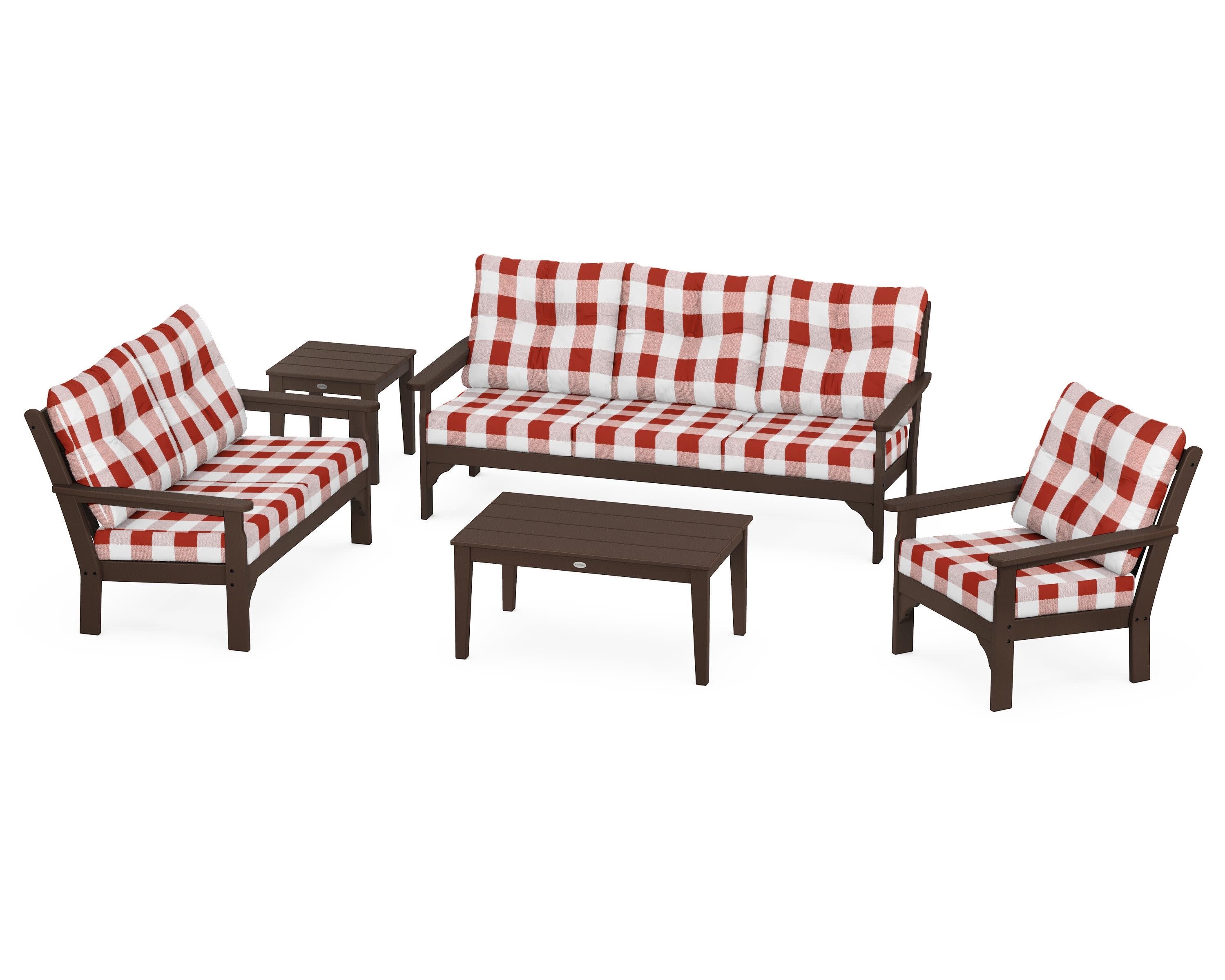 Vineyard 5 Piece Deep Seating Set in Mahogany / Buffalo Plaid Crimson