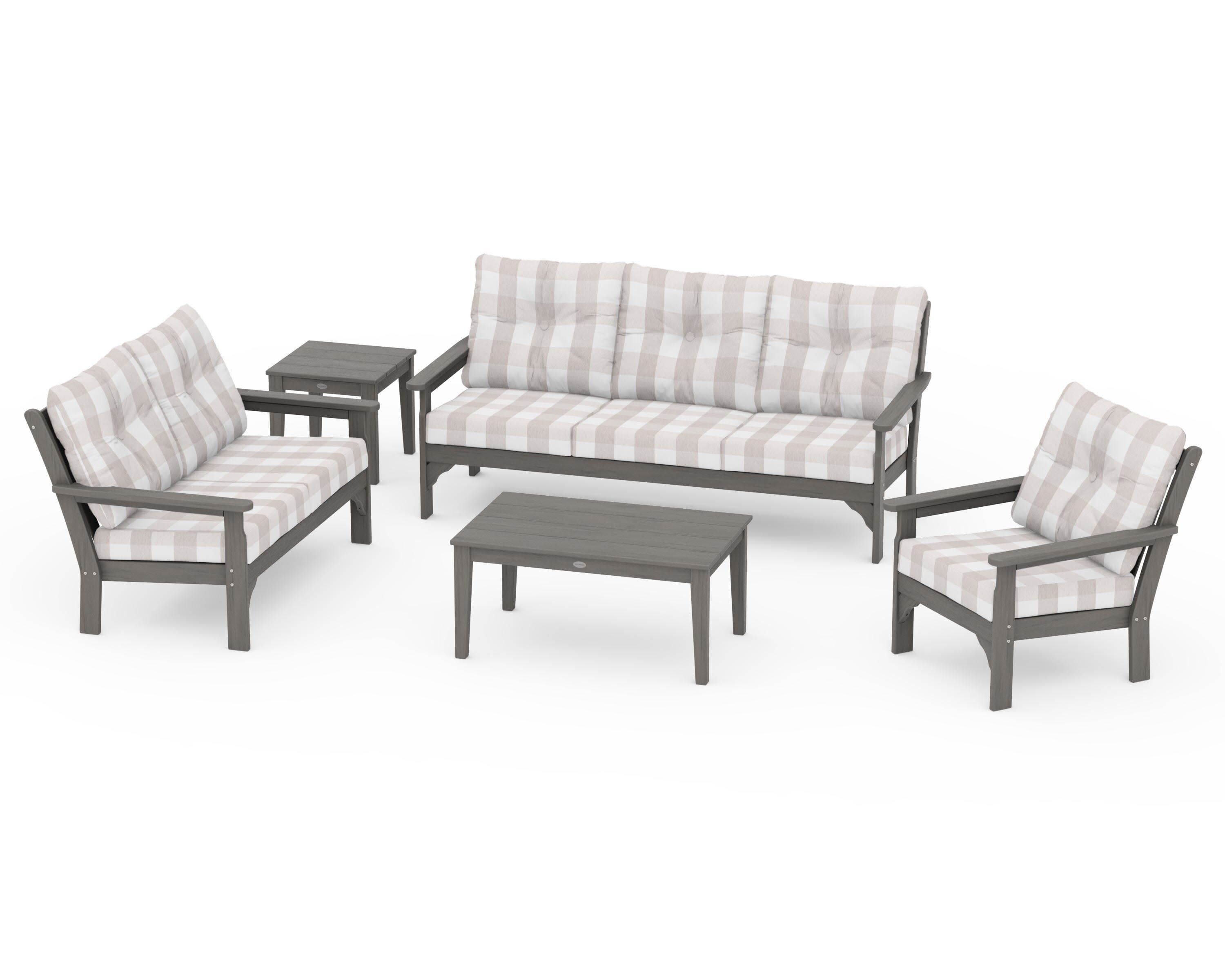 Vineyard 5 Piece Deep Seating Set in Driftwood / Buffalo Plaid Dune Burlap