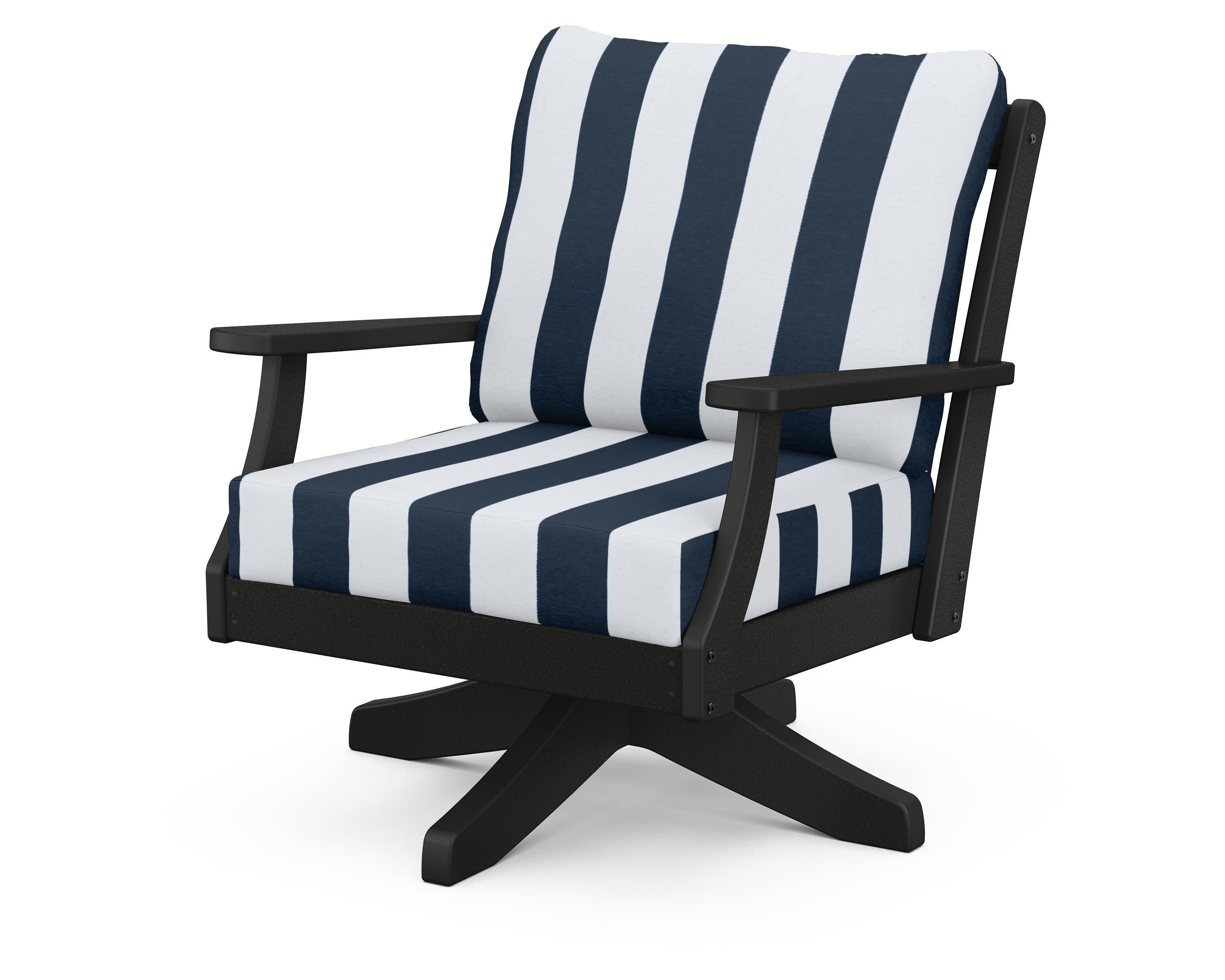 Braxton Deep Seating Swivel Chair in Black / Cabana Stripe Marine Indigo