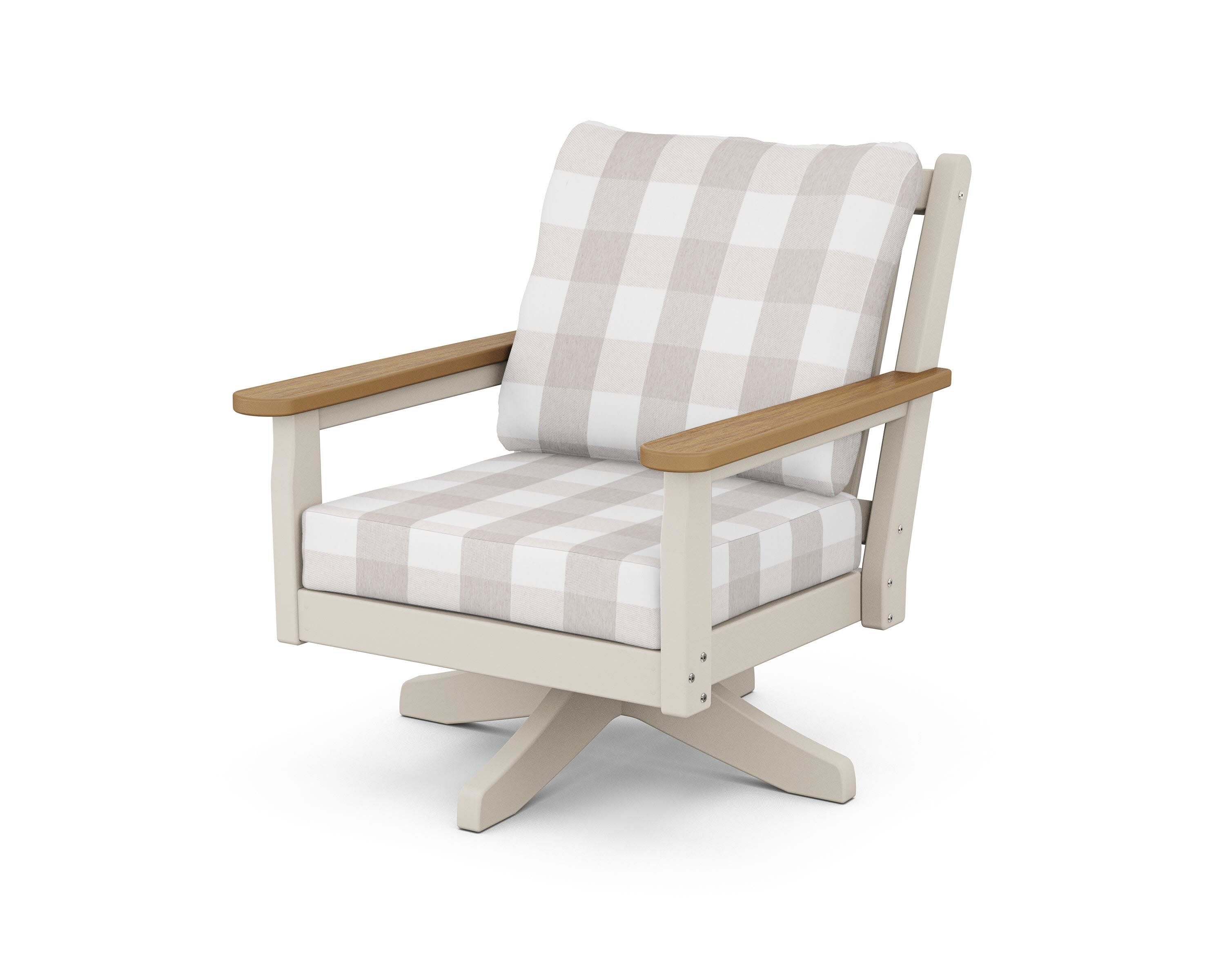 Chippendale Deep Seating Swivel Chair in Sand / Natural / Buffalo Plaid Dune Burlap