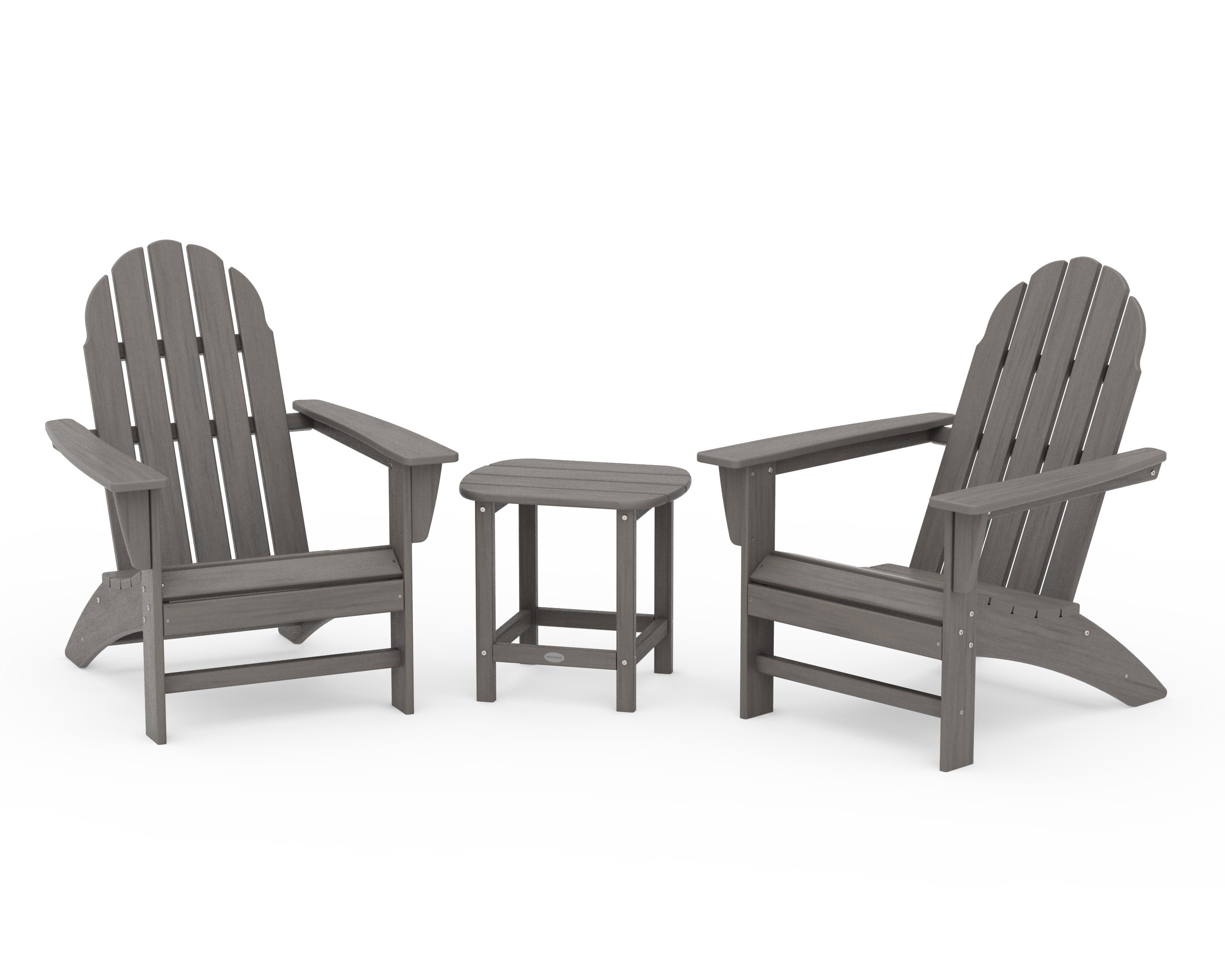 Vineyard 3-Piece Adirondack Set with South Beach 18" Side Table in Driftwood