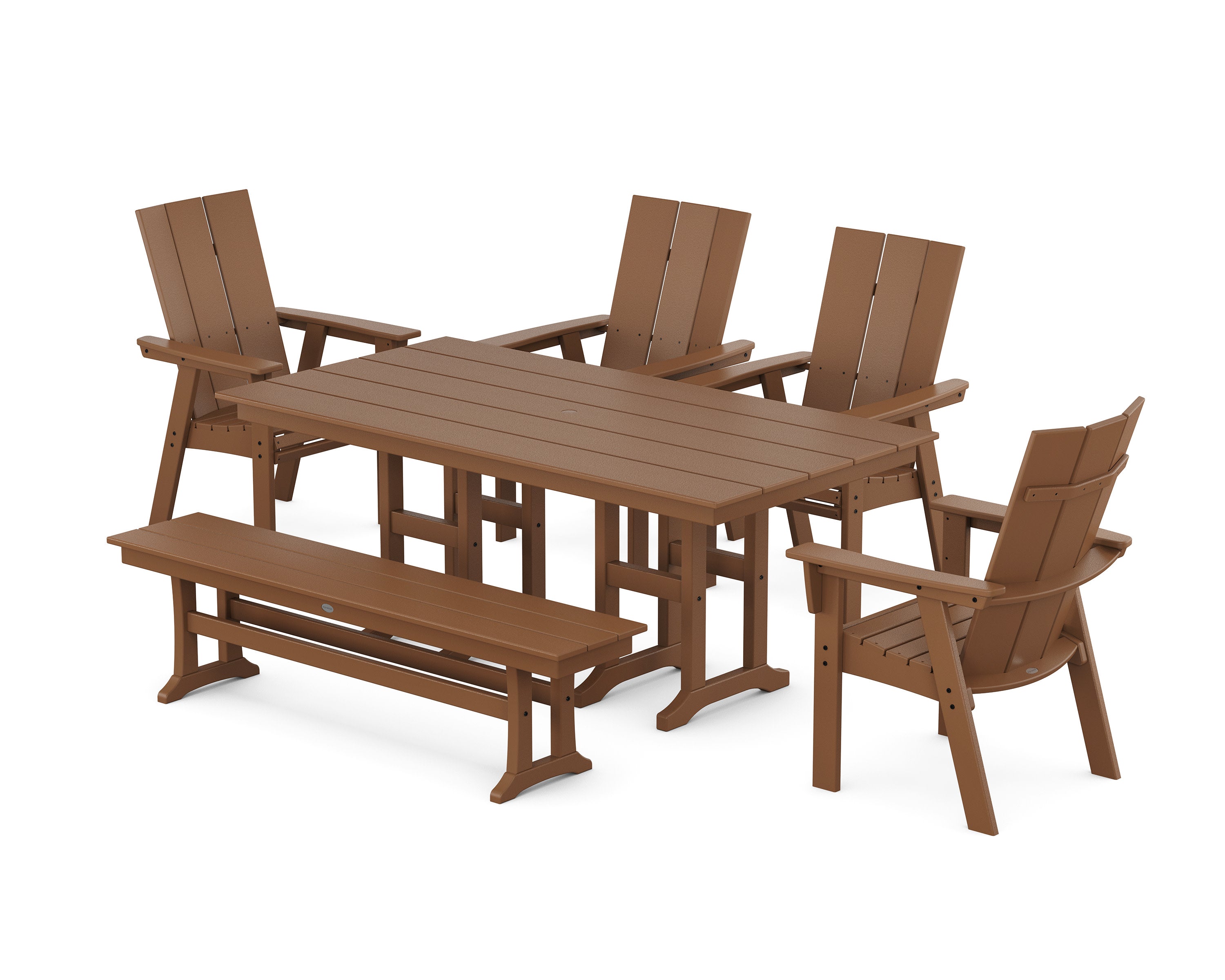 Modern Curveback Adirondack 6-Piece Farmhouse Dining Set with Bench in Teak