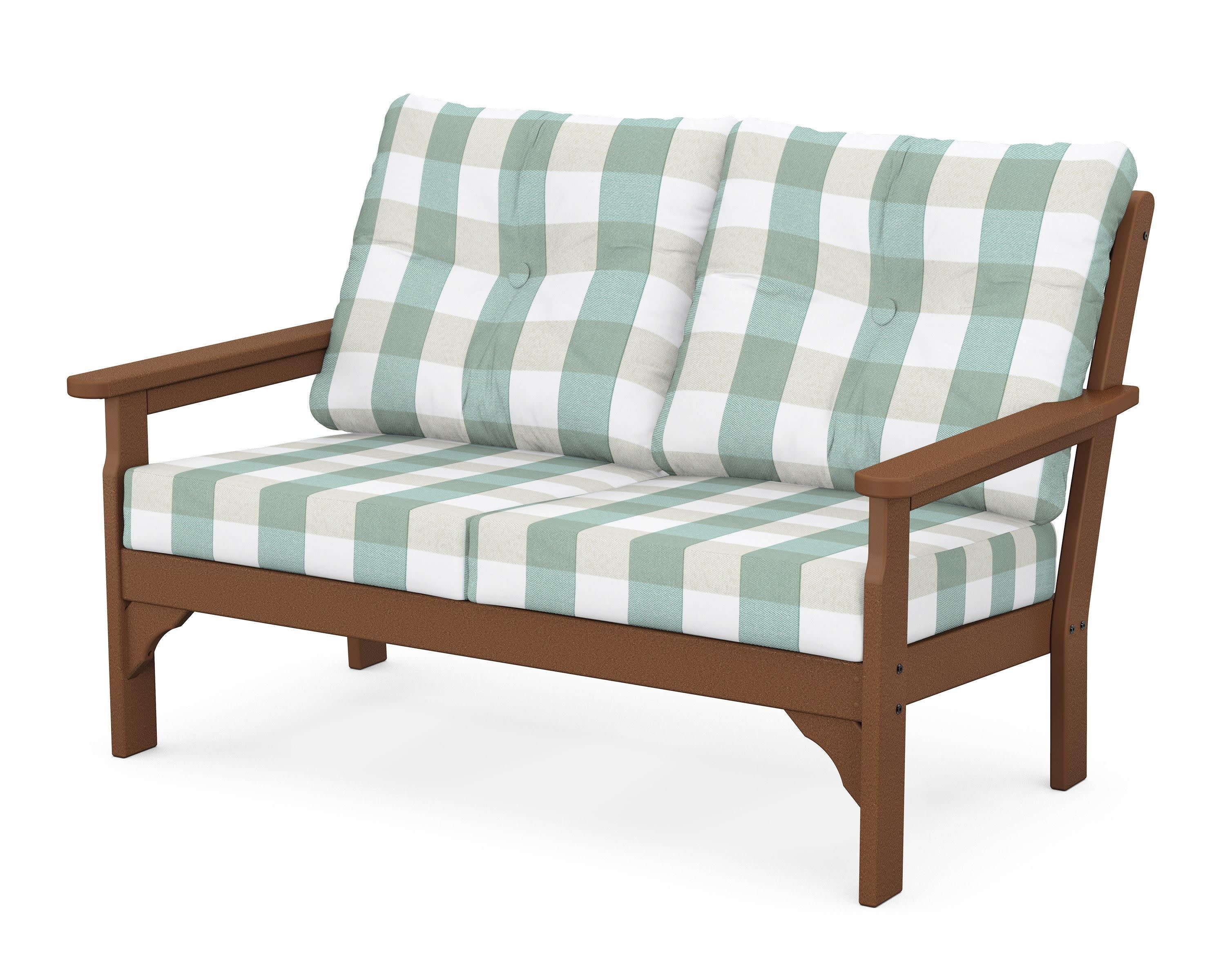 Vineyard Deep Seating Loveseat in Teak / Buffalo Plaid Glacier Spa