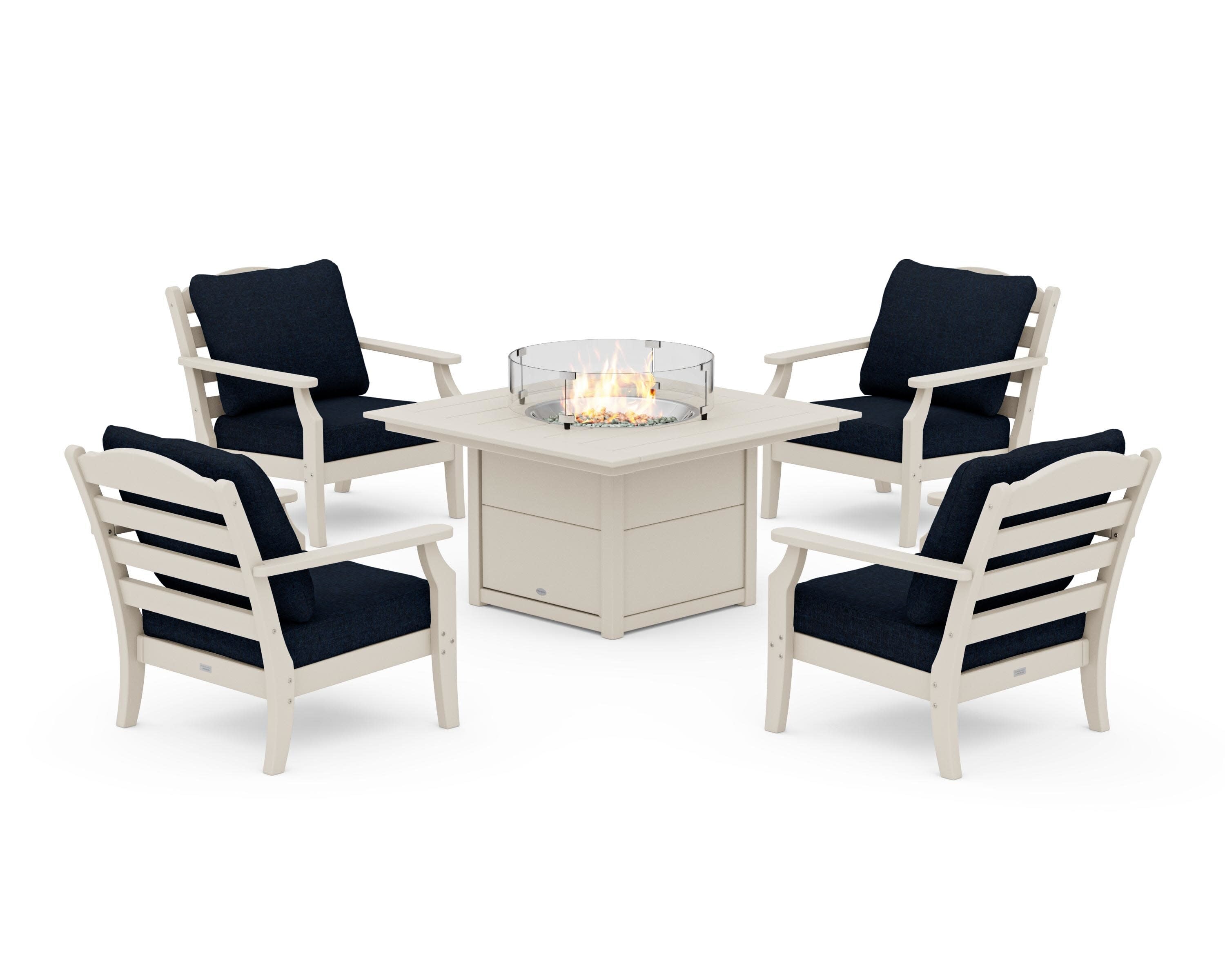Savannah 5-Piece Deep Seating Set with Fire Pit Table in Sand / Marine Indigo
