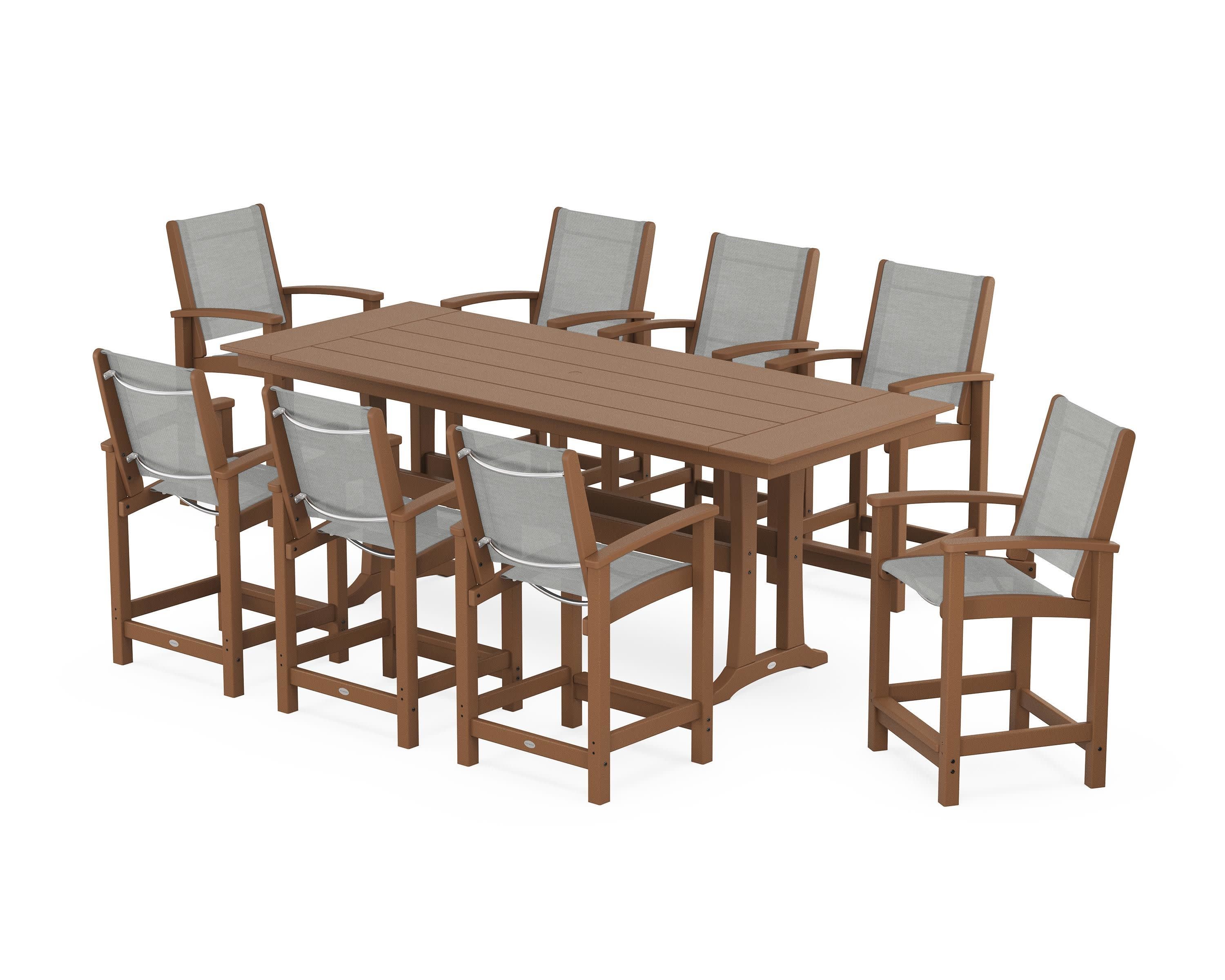 Coastal 9-Piece Farmhouse Counter Set with Trestle Legs in Teak / Metallic Sling