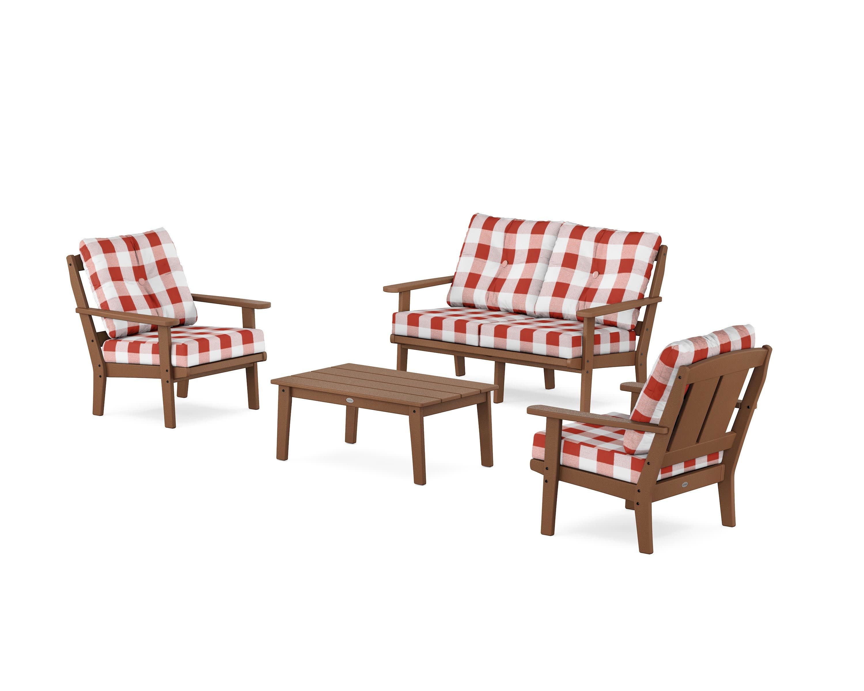 Mission 4-Piece Deep Seating Set with Loveseat in Teak / Buffalo Plaid Crimson
