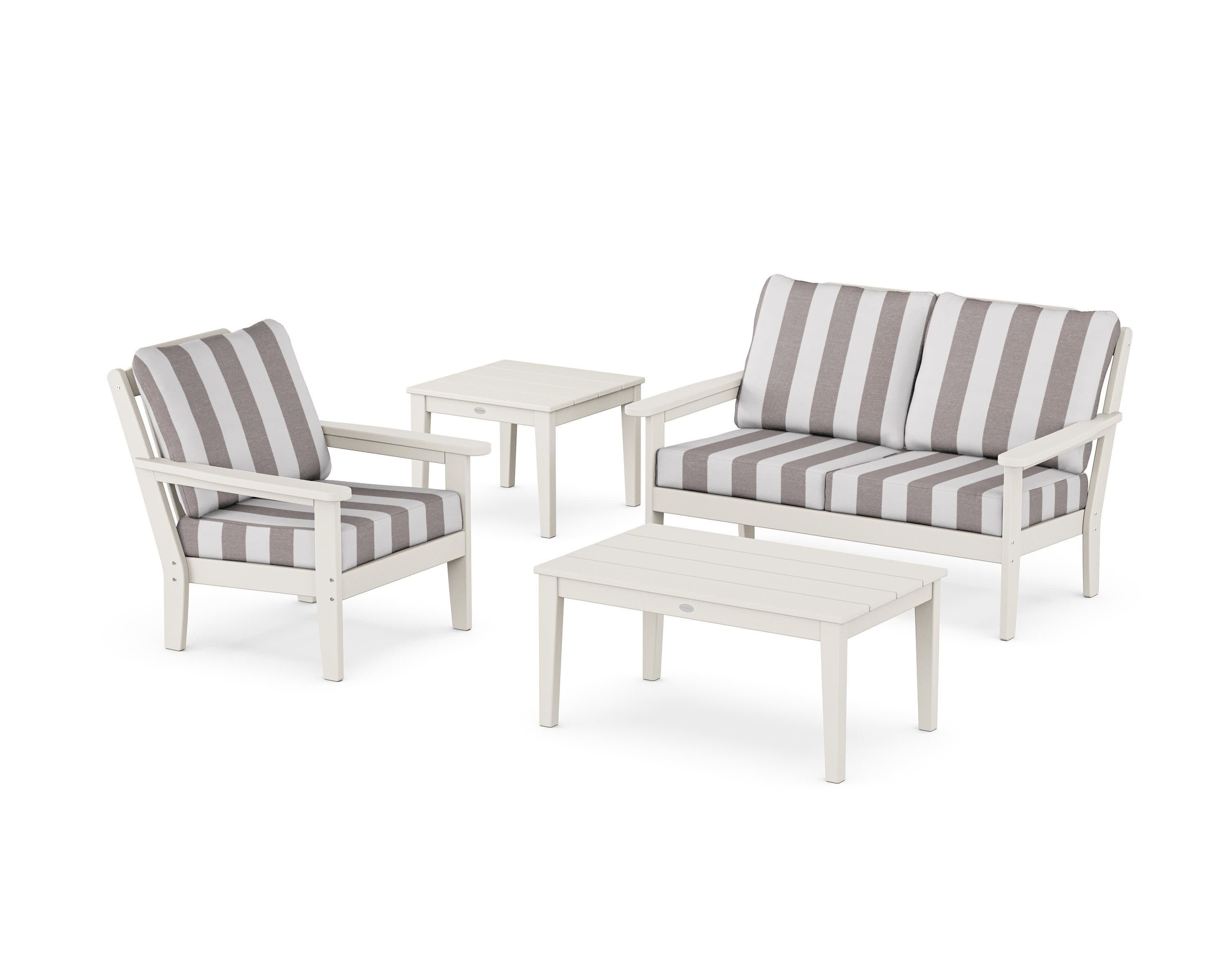 Wovendale 4-Piece Deep Seating Set in Sand / Cabana Stripe Grey Mist