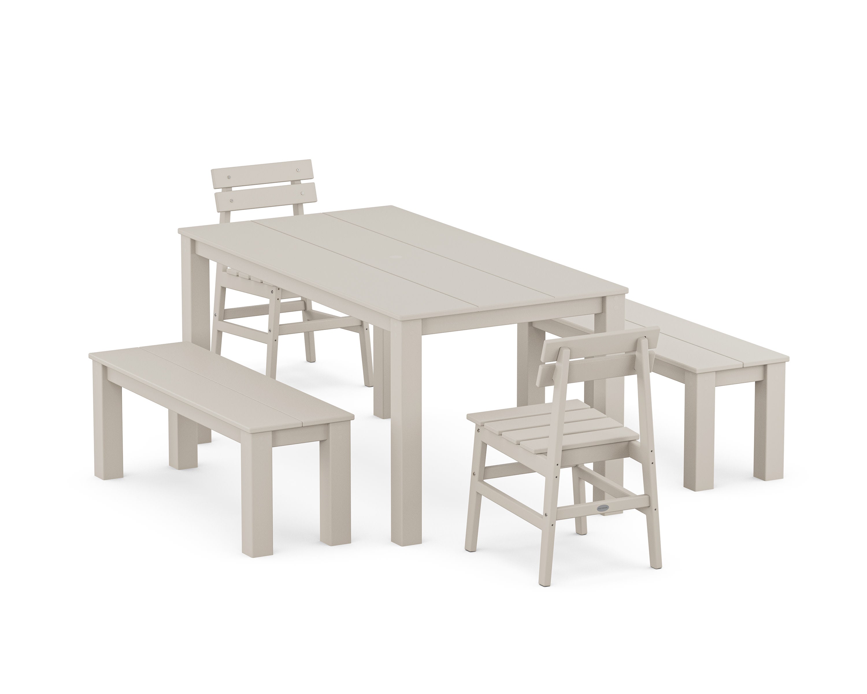 Modern Studio Plaza Chair 5-Piece Parsons Dining Set with Benches in Sand