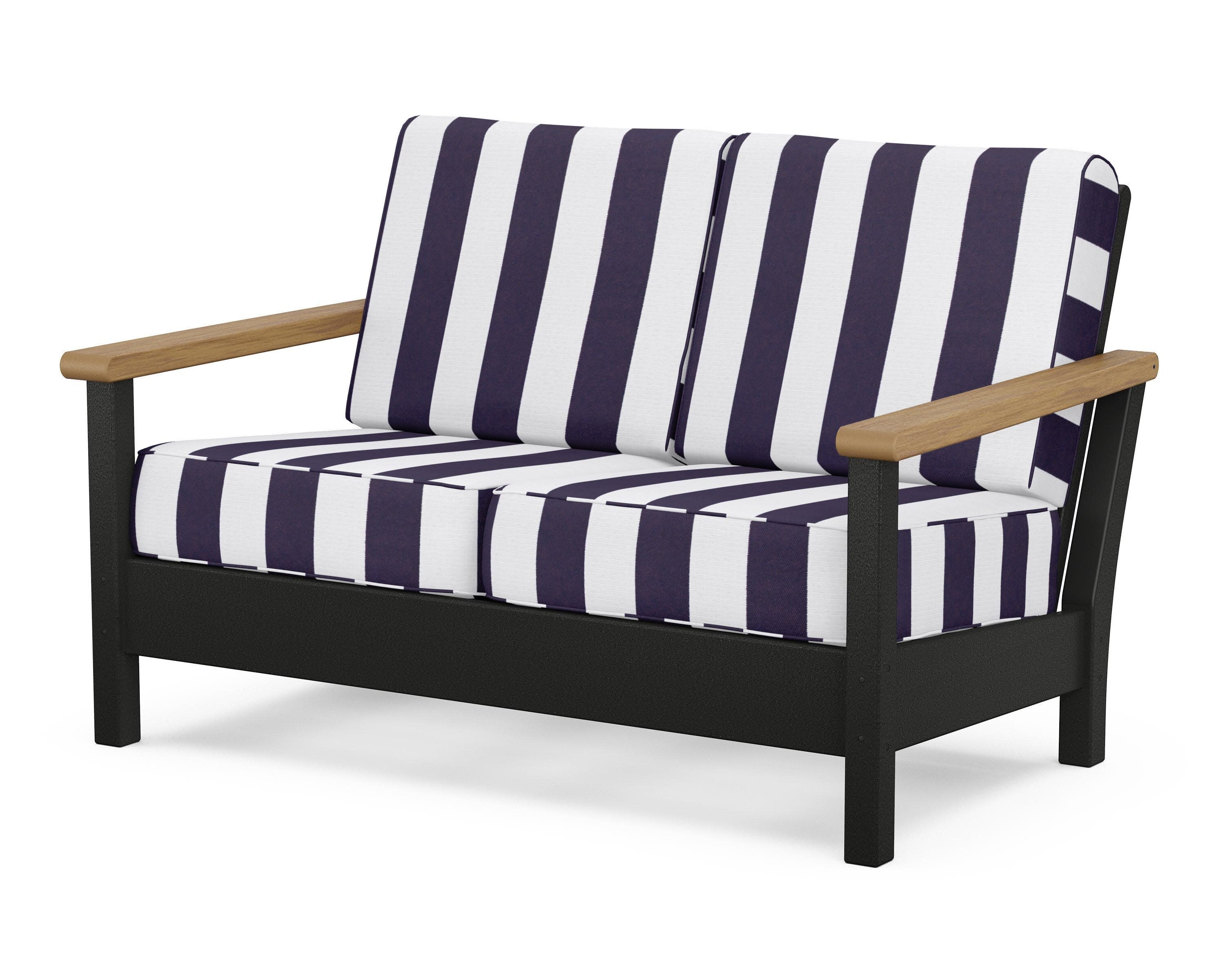 Harbour Deep Seating Loveseat in Black / Natural / Cabana Stripe Navy