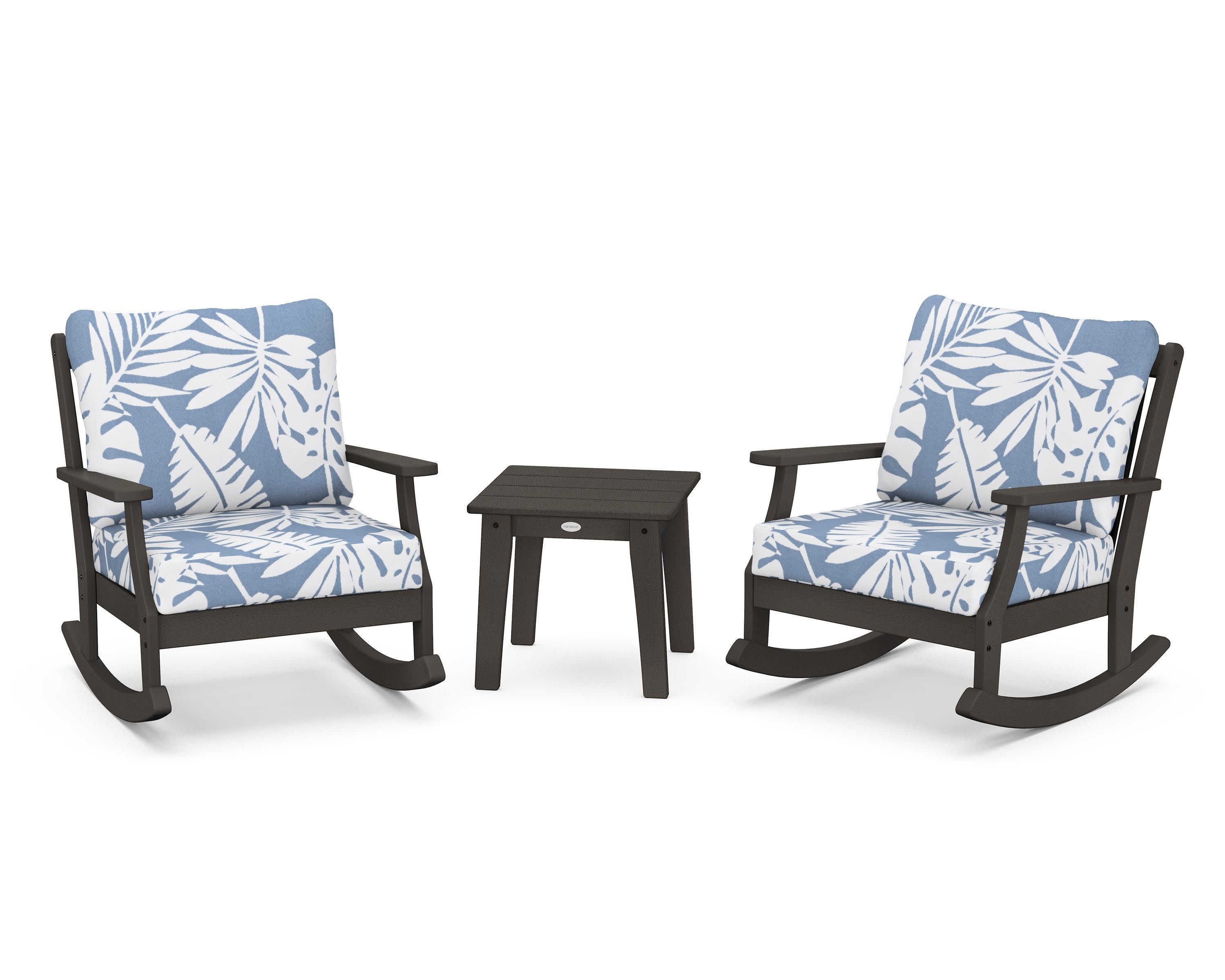 Braxton 3-Piece Deep Seating Rocker Set in Vintage Coffee / Leaf Sky Blue