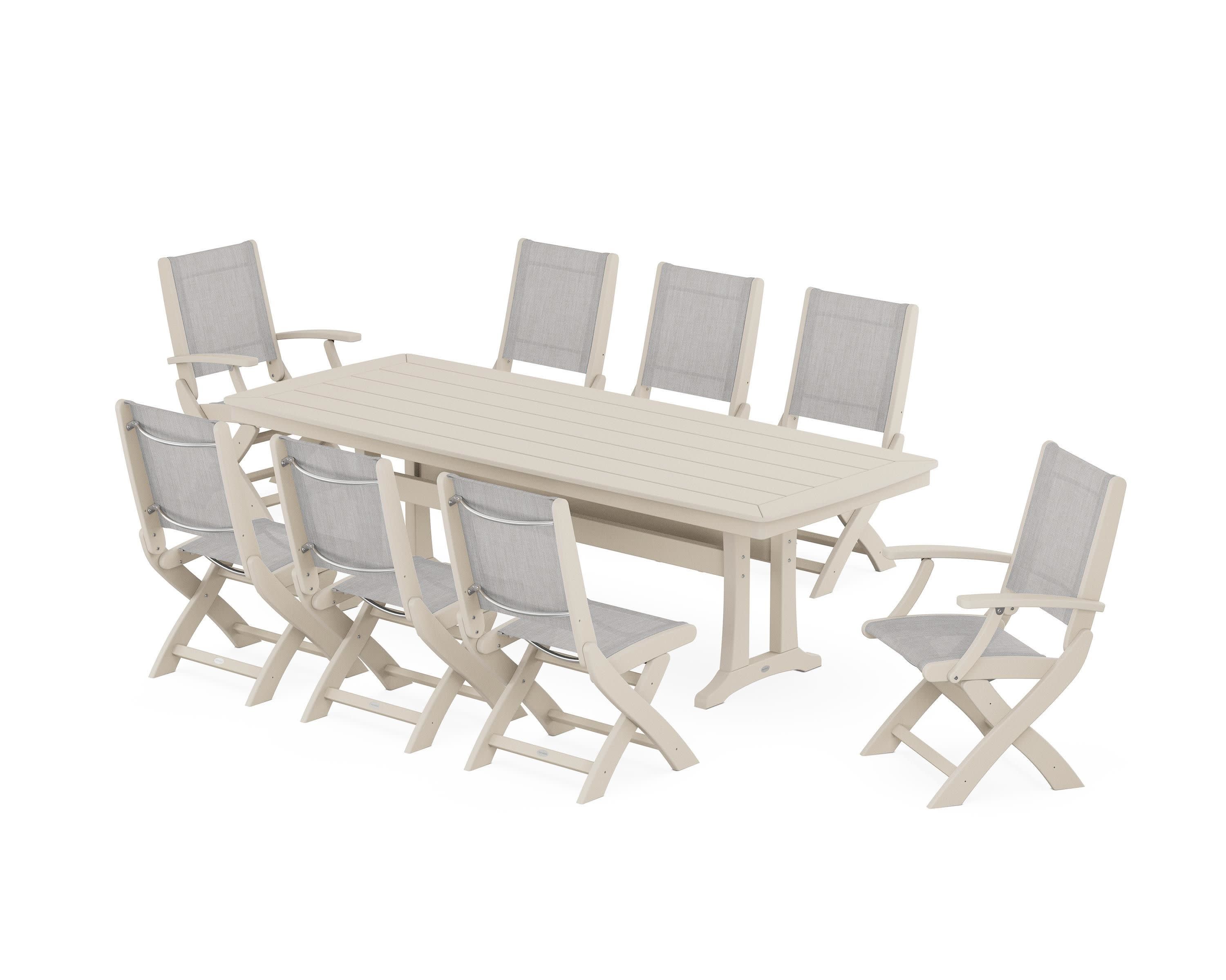 Coastal Folding 9-Piece Dining Set with Trestle Legs in Sand / Parchment Sling