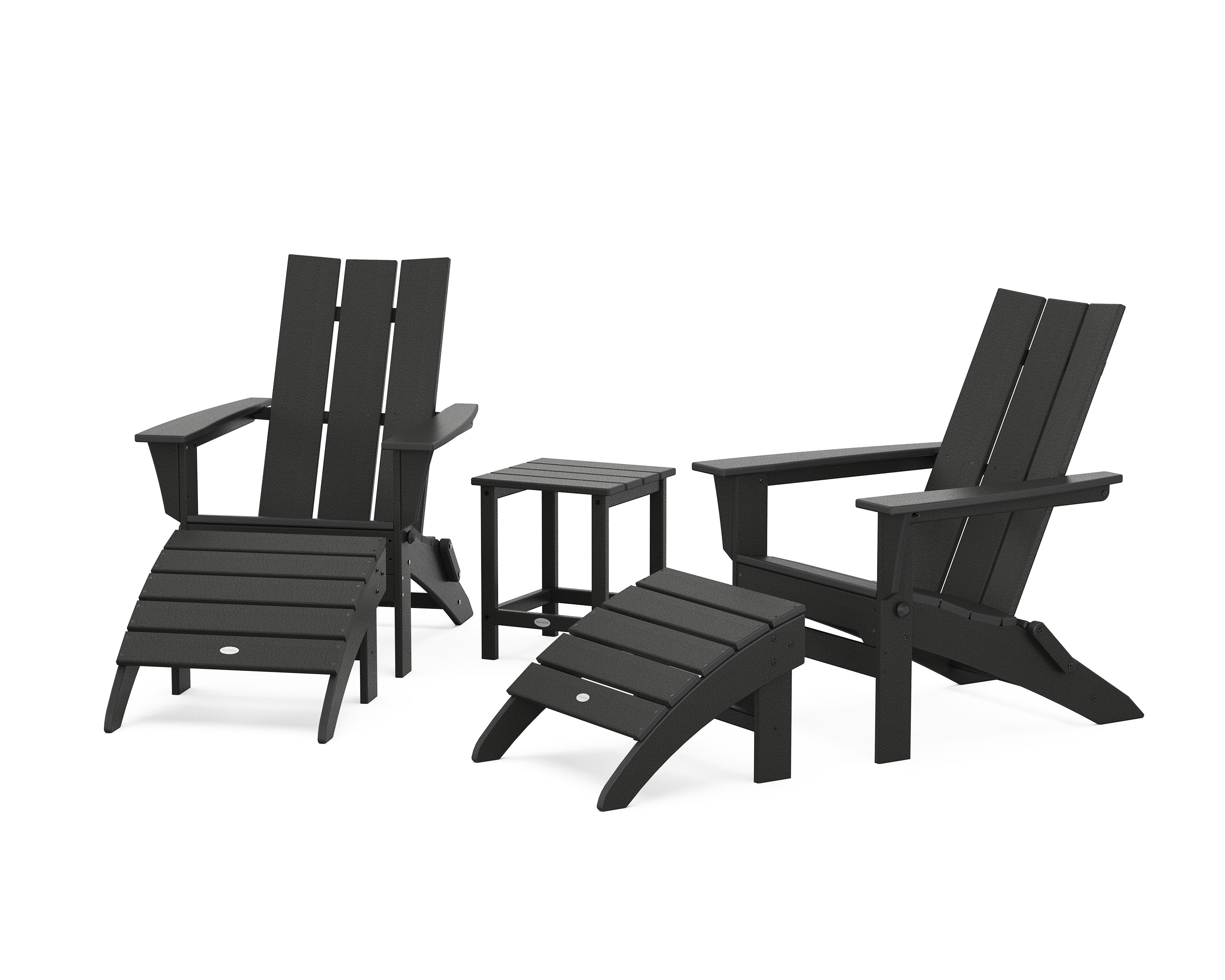 Modern Folding Adirondack Chair 5-Piece Set with Ottomans and 18" Side Table in Black