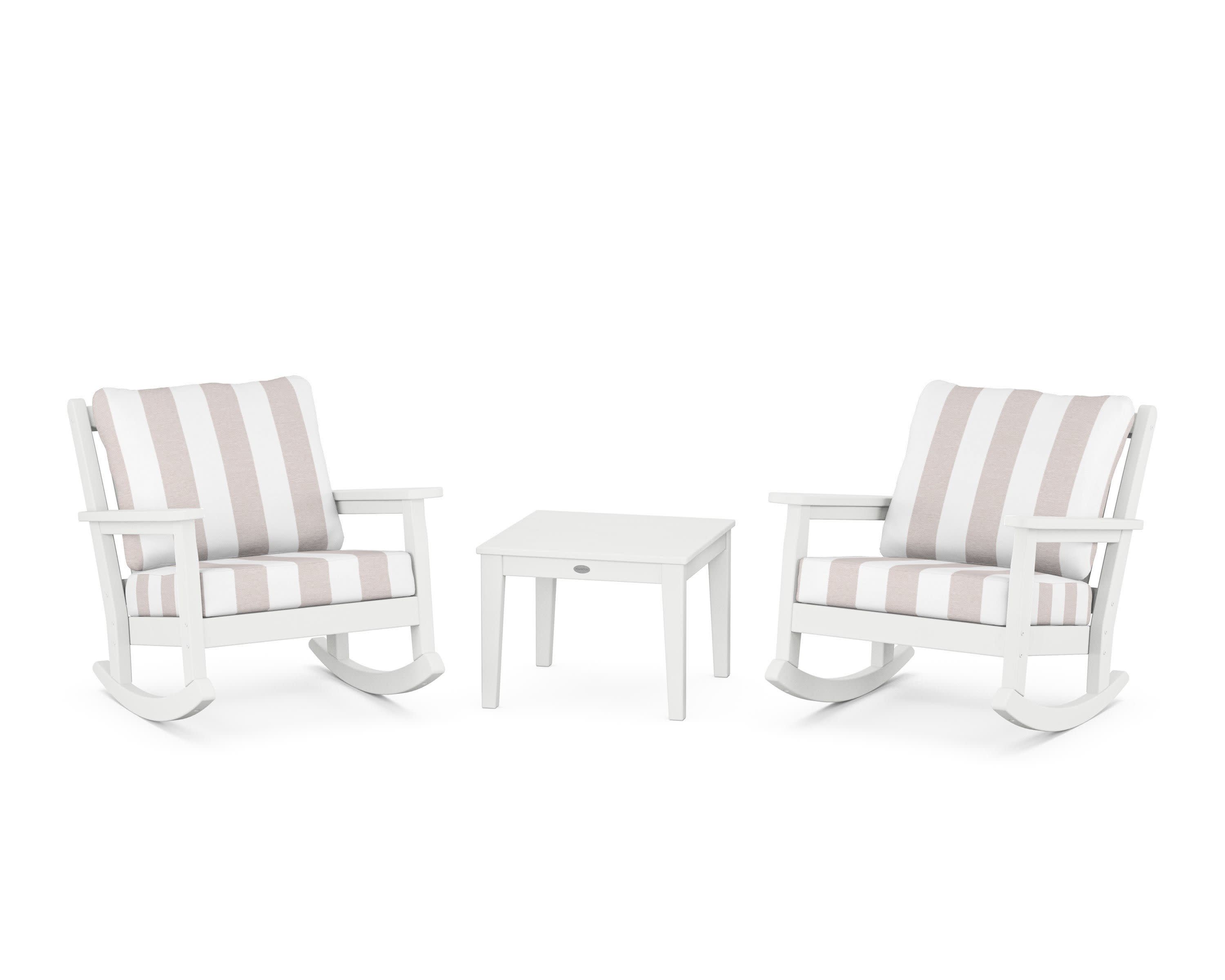 Chippendale 3-Piece Deep Seating Rocker Set in White / Cabana Stripe Dune Burlap