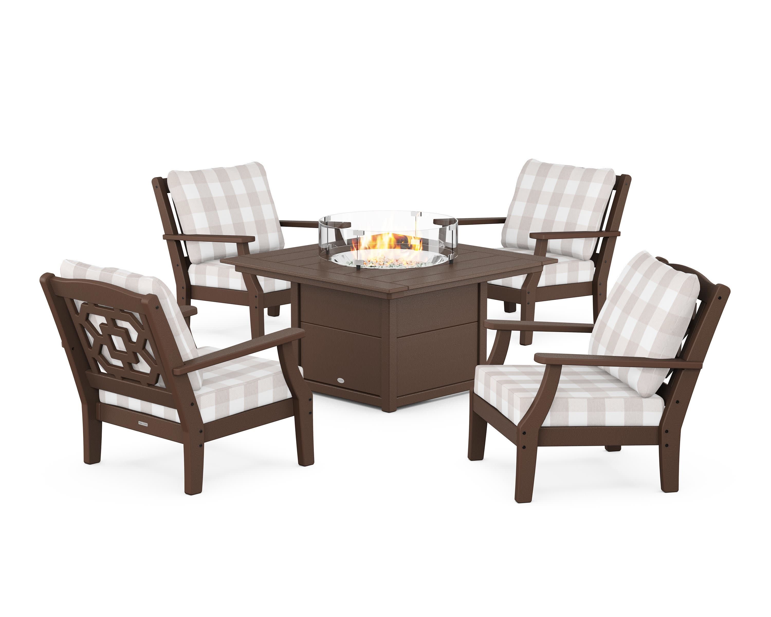 Chinoiserie 5-Piece Deep Seating Set with Fire Pit Table in Mahogany / Buffalo Plaid Dune Burlap