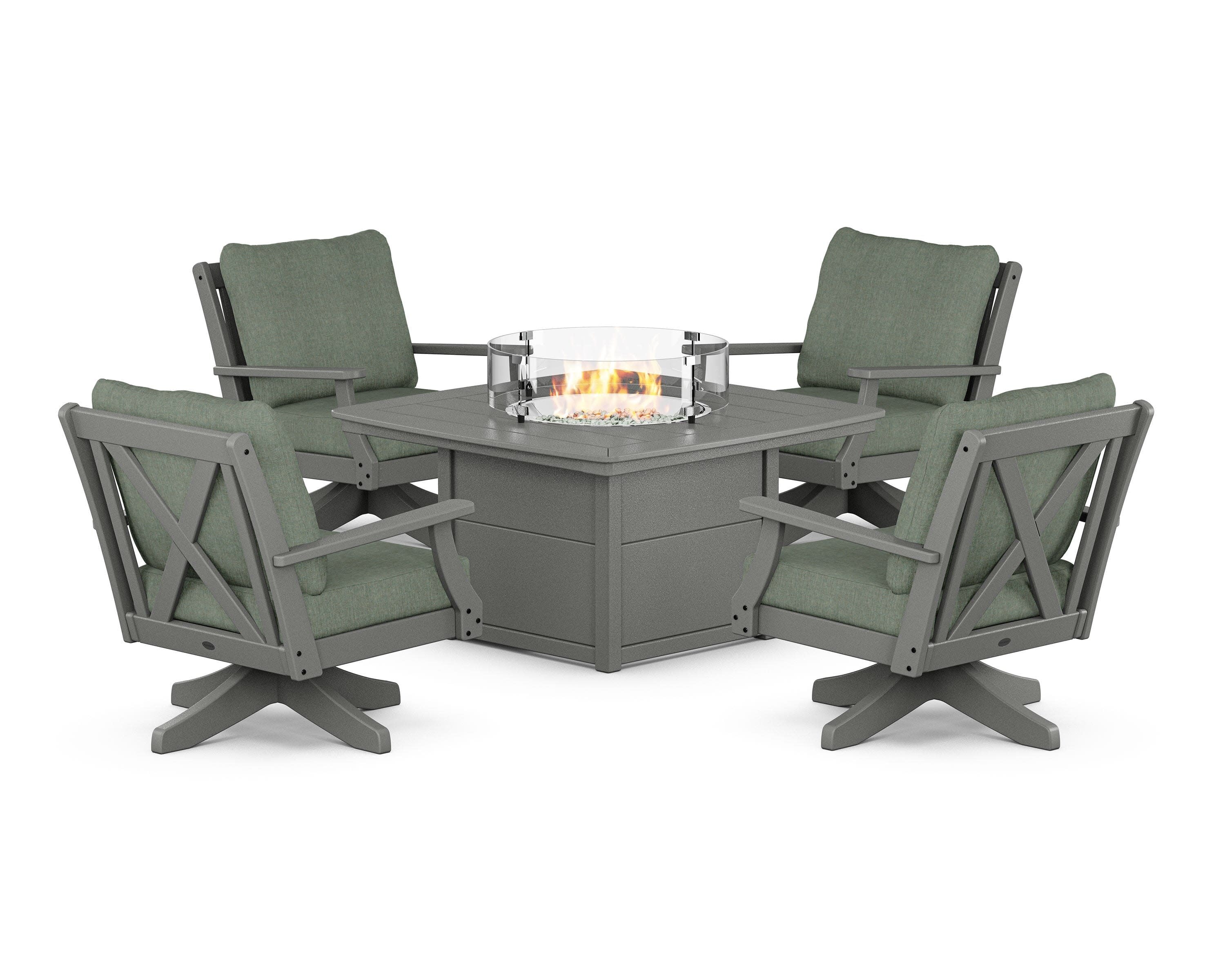 Braxton 5-Piece Deep Seating Swivel Conversation Set with Fire Pit Table in Slate Grey / Cast Sage