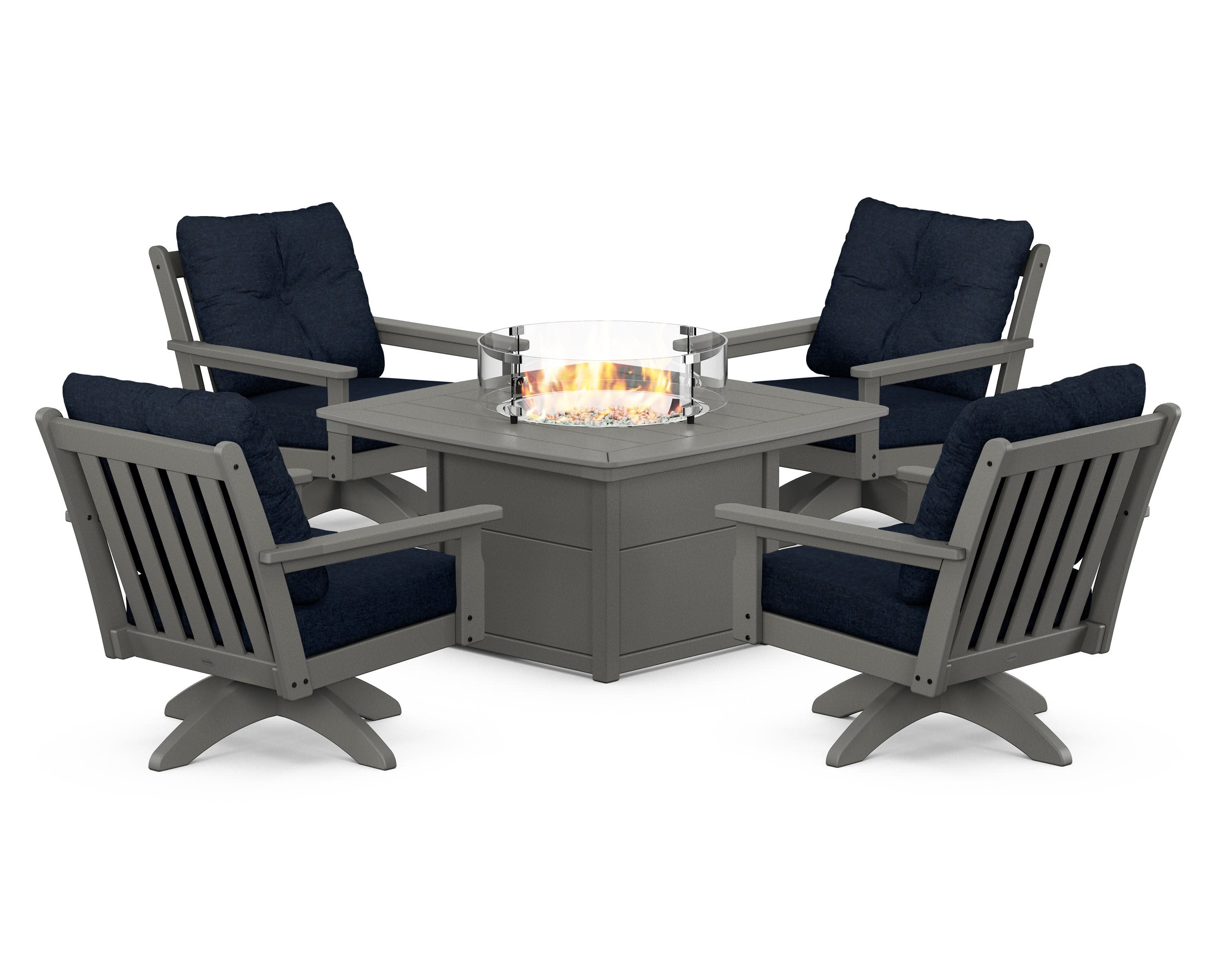 Vineyard 5-Piece Deep Seating Swivel Conversation Set with Fire Pit Table in Slate Grey / Marine Indigo