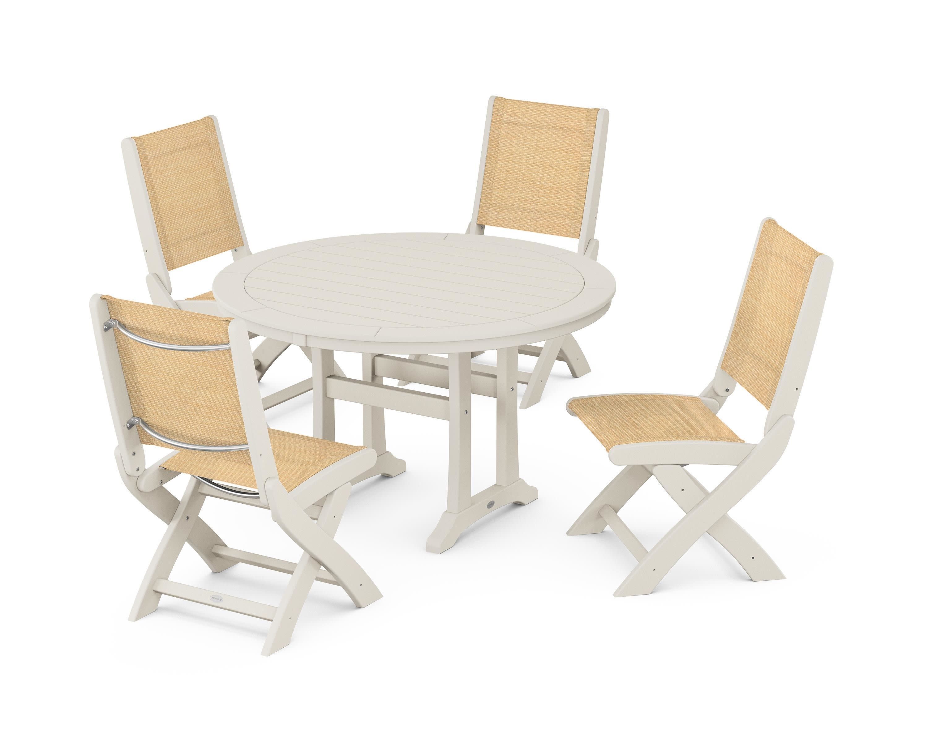 Coastal Folding Side Chair 5-Piece Round Dining Set With Trestle Legs in Sand / Dupioni Apricot Sling