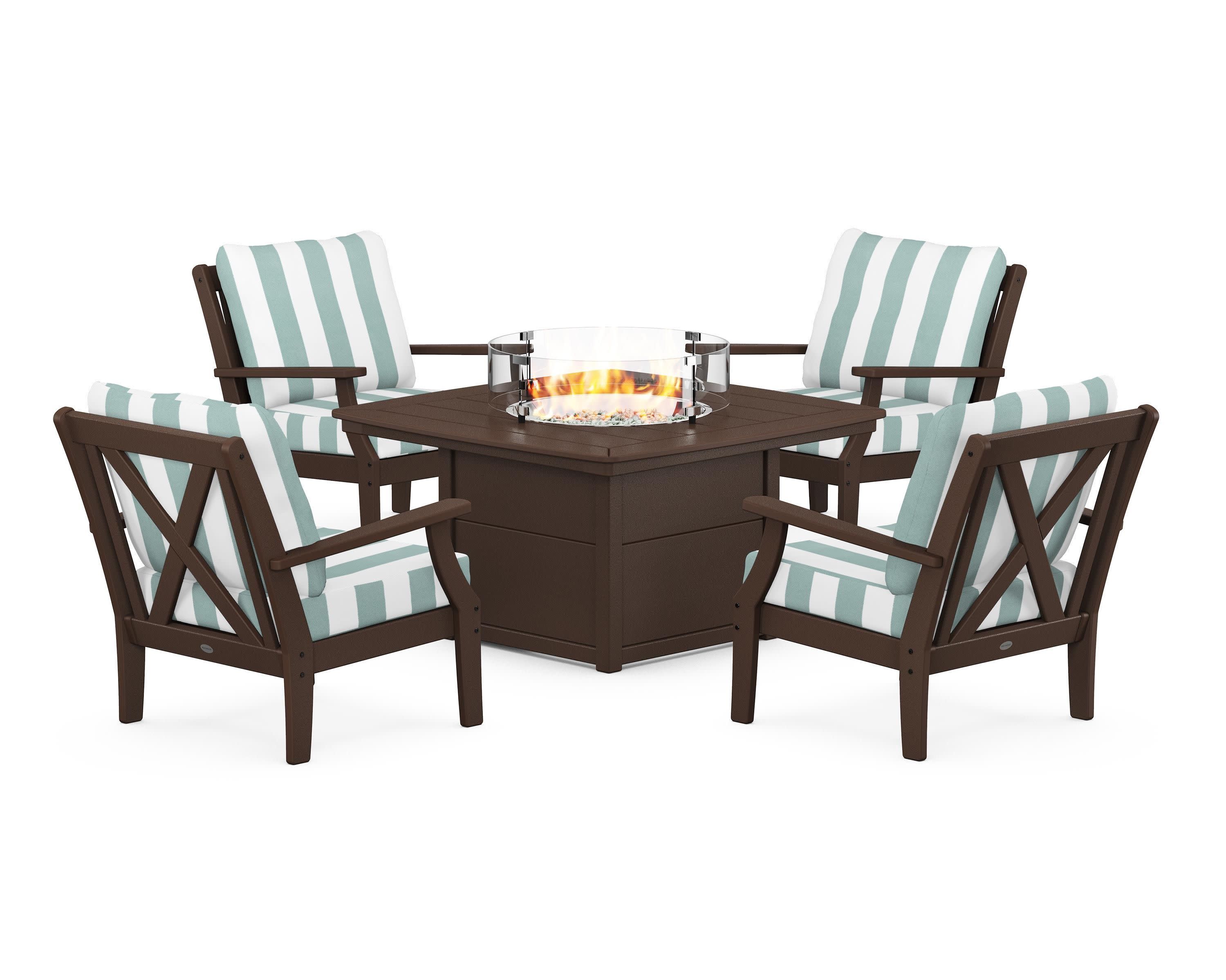 Braxton 5-Piece Deep Seating Conversation Set with Fire Pit Table in Mahogany / Cabana Stripe Glacier Spa