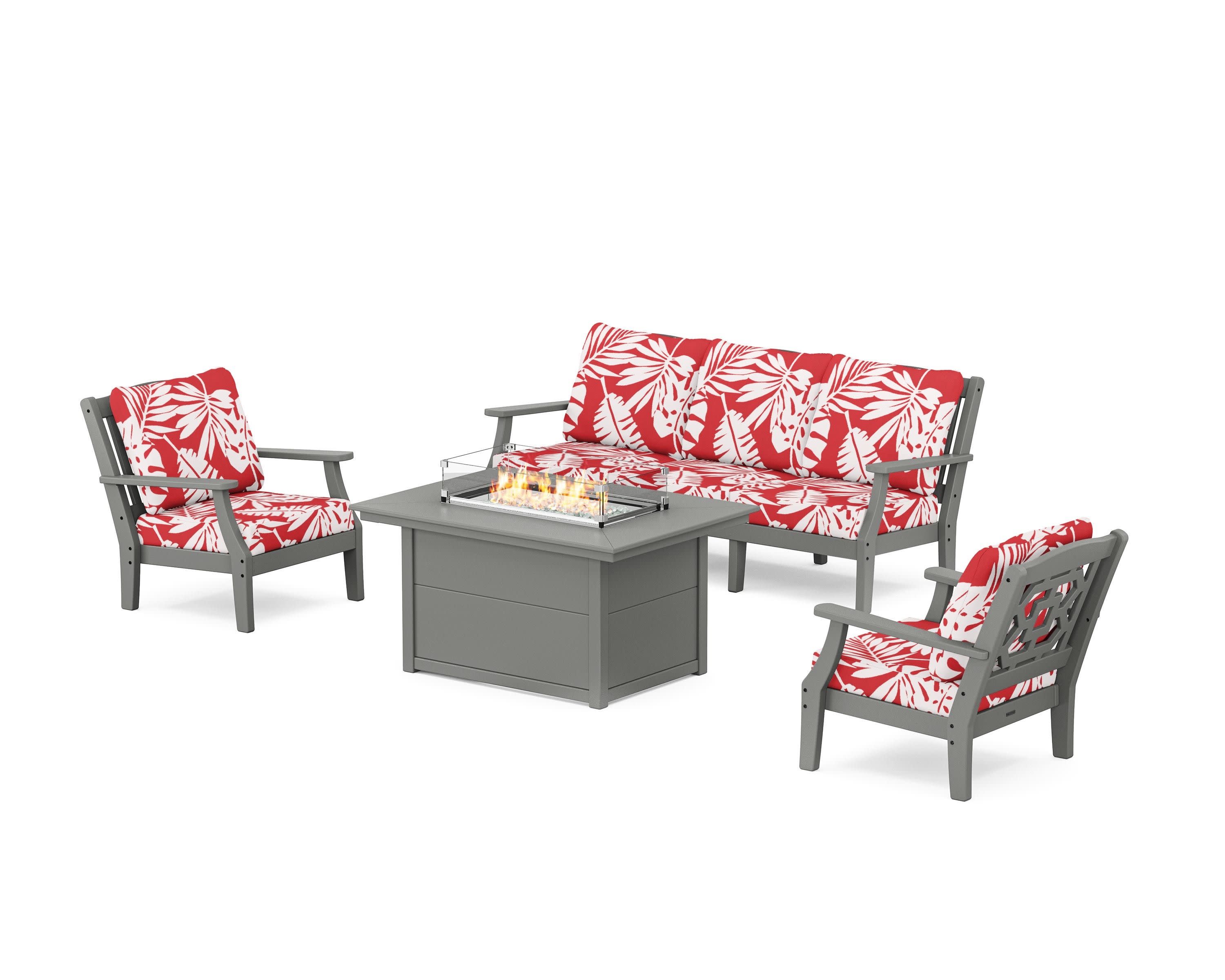 Chinoiserie Deep Seating Fire Pit Table Set in Slate Grey / Leaf Crimson