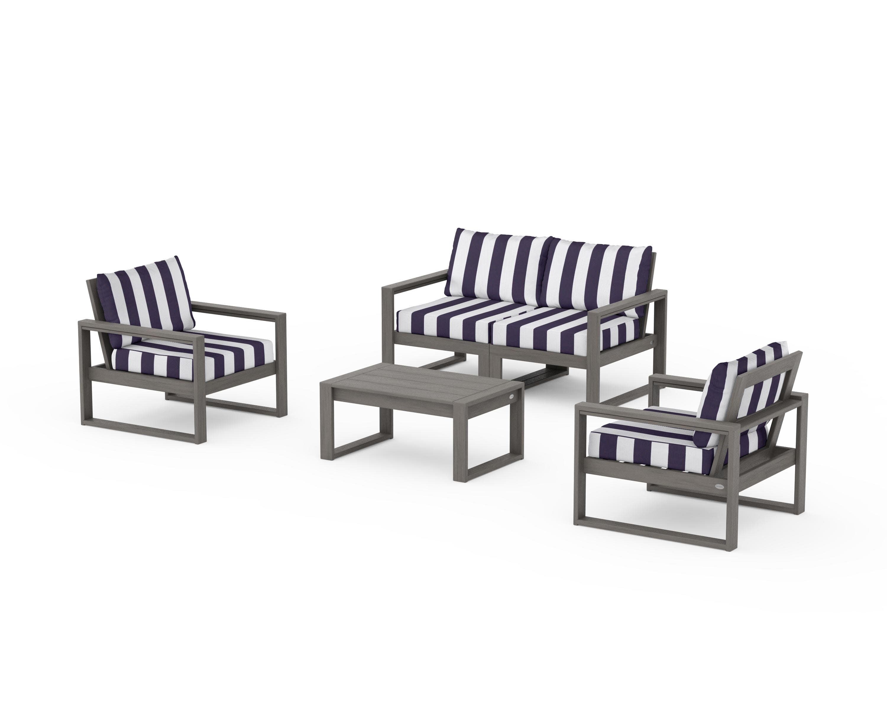 EDGE Sectional 4-Piece Deep Seating Set with Loveseat in Driftwood / Cabana Stripe Navy