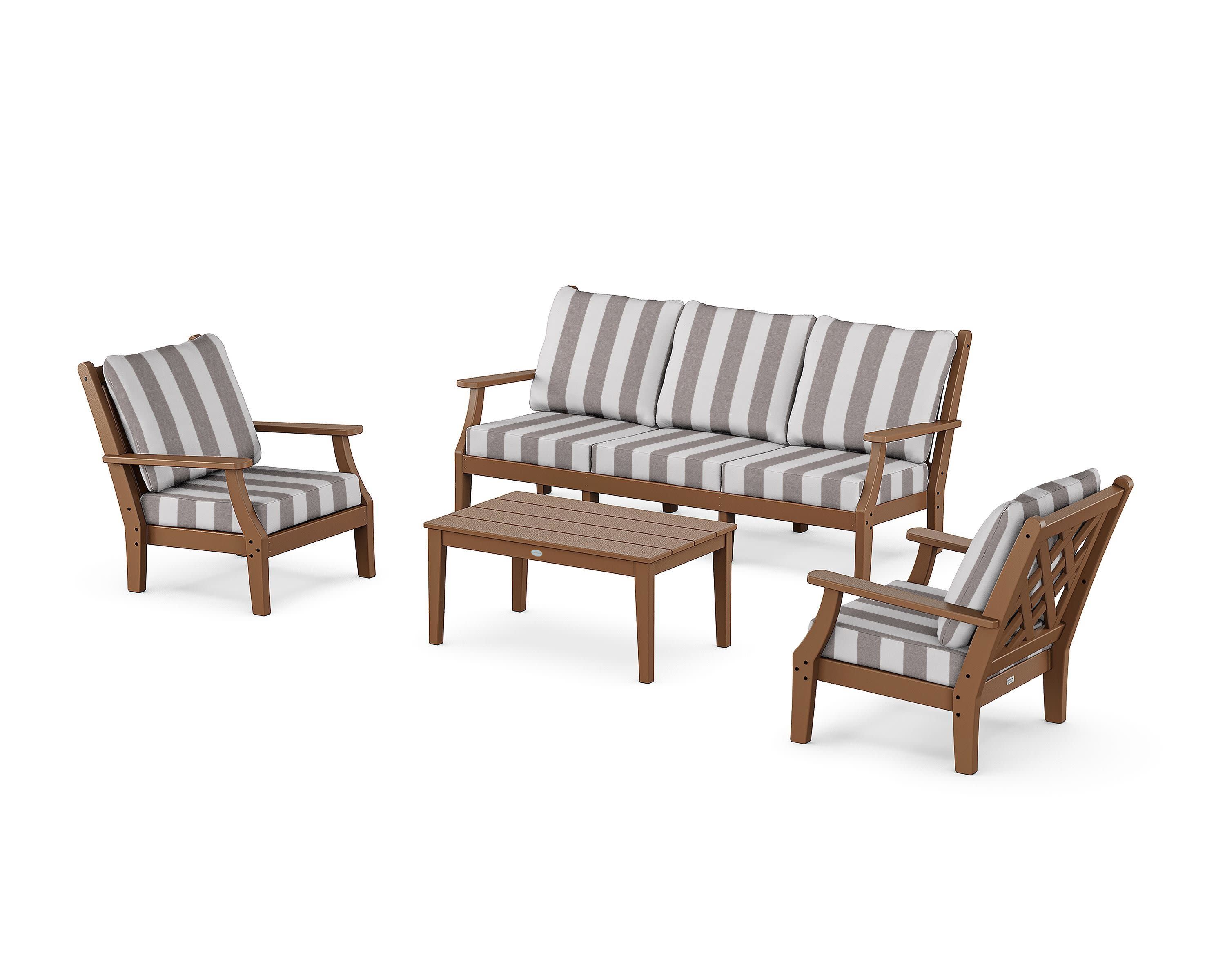 Wovendale 4-Piece Deep Seating Set with Sofa in Teak / Cabana Stripe Grey Mist