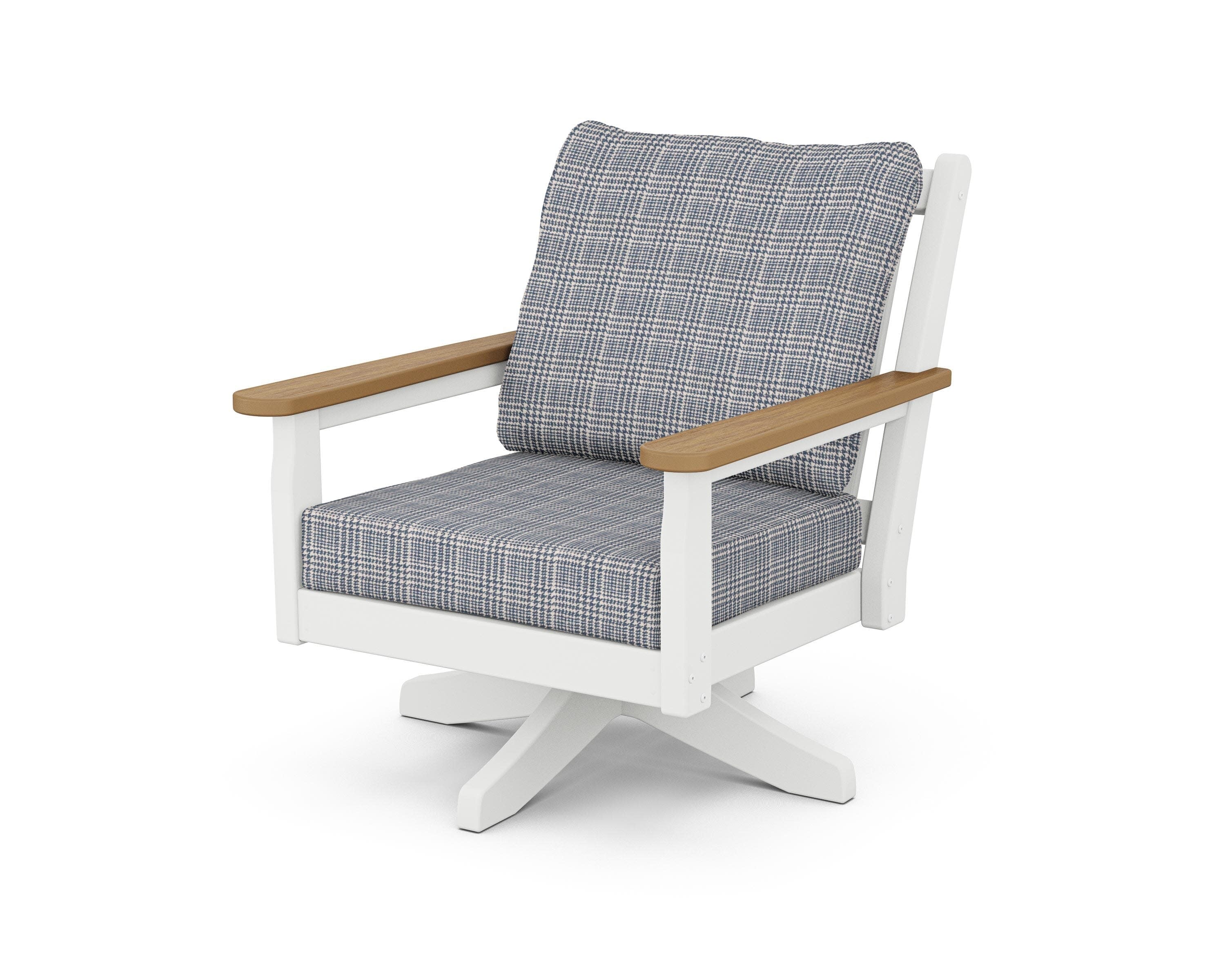 Chippendale Deep Seating Swivel Chair in White / Natural / Houndstooth Sky Blue