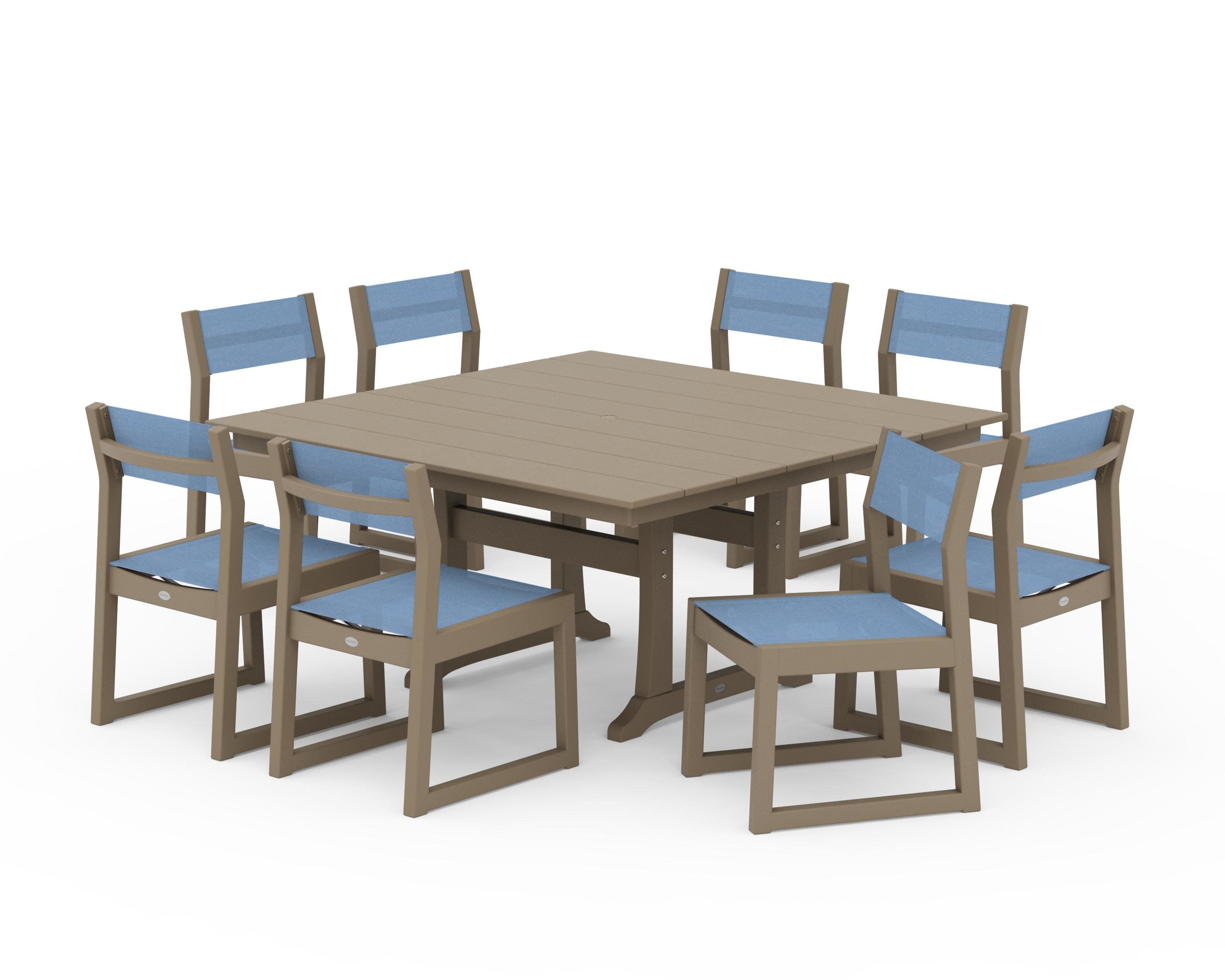 EDGE Sling Side Chair 9-Piece Farmhouse Trestle Dining Set in Vintage Sahara / Poolside Sling