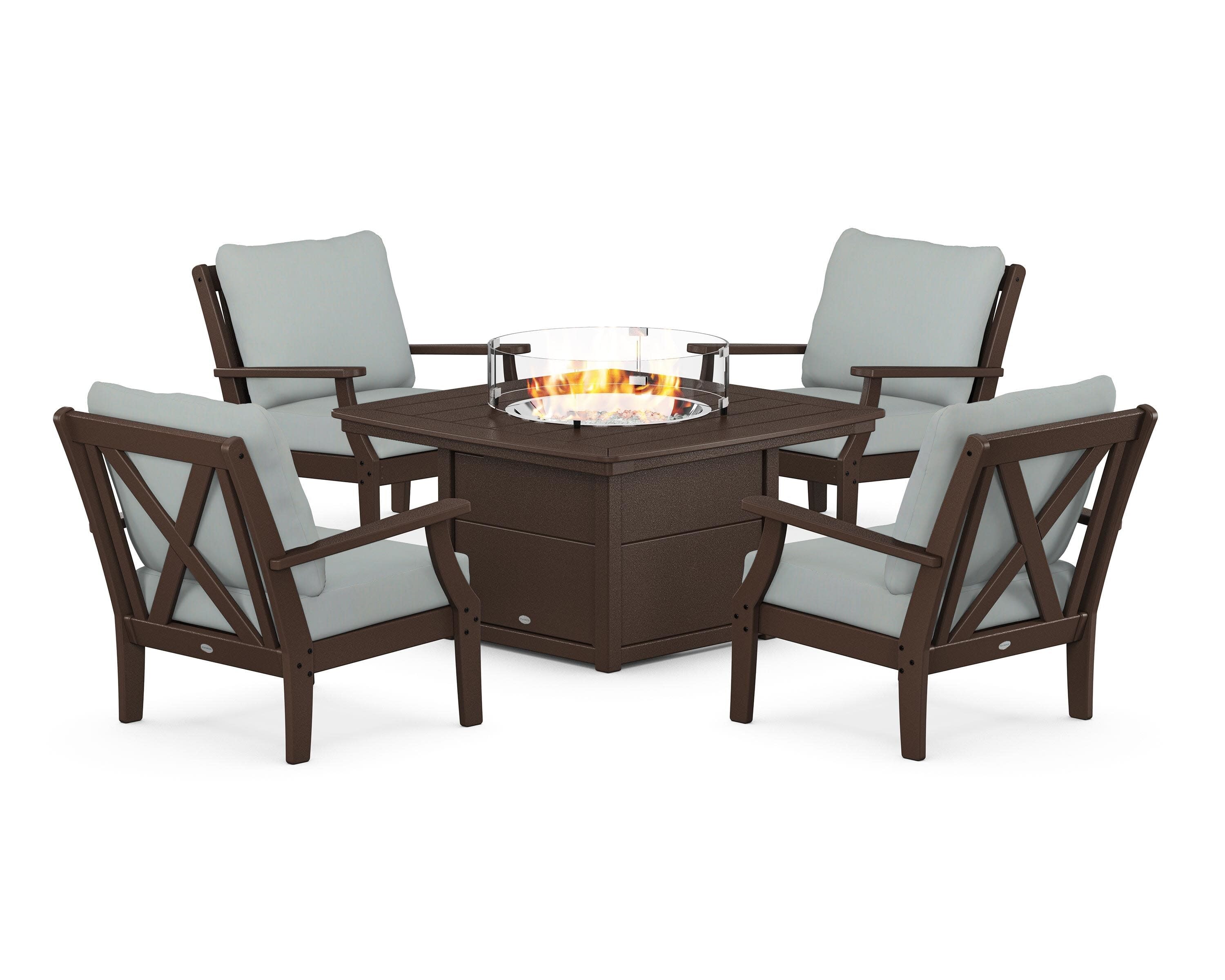 Braxton 5-Piece Deep Seating Conversation Set with Fire Pit Table in Mahogany / Spa