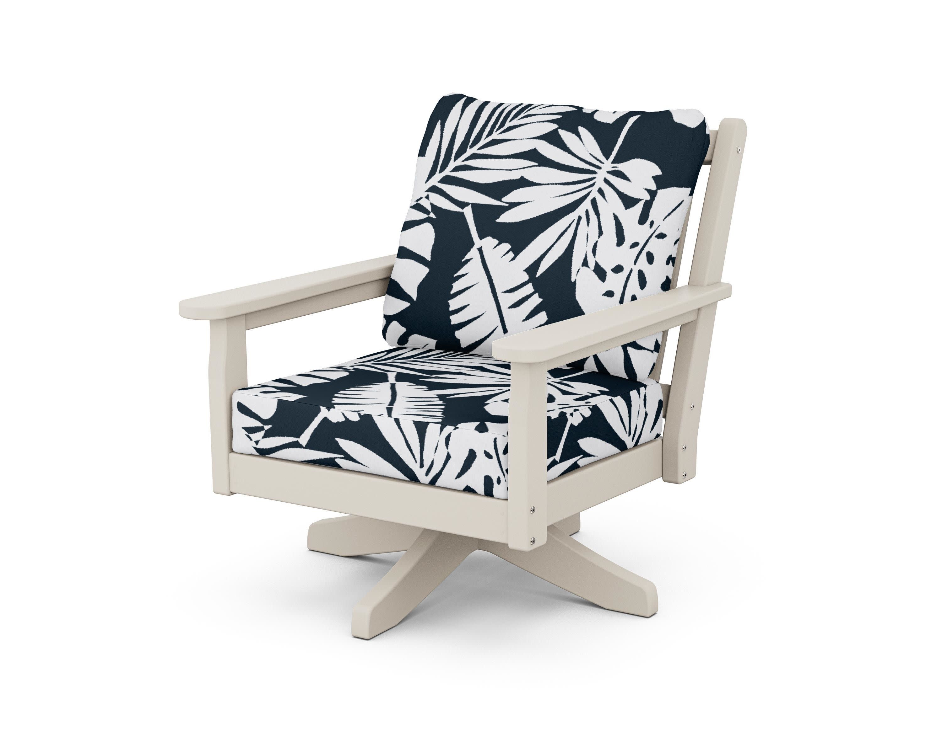 Chippendale Deep Seating Swivel Chair in Sand / Leaf Marine Indigo