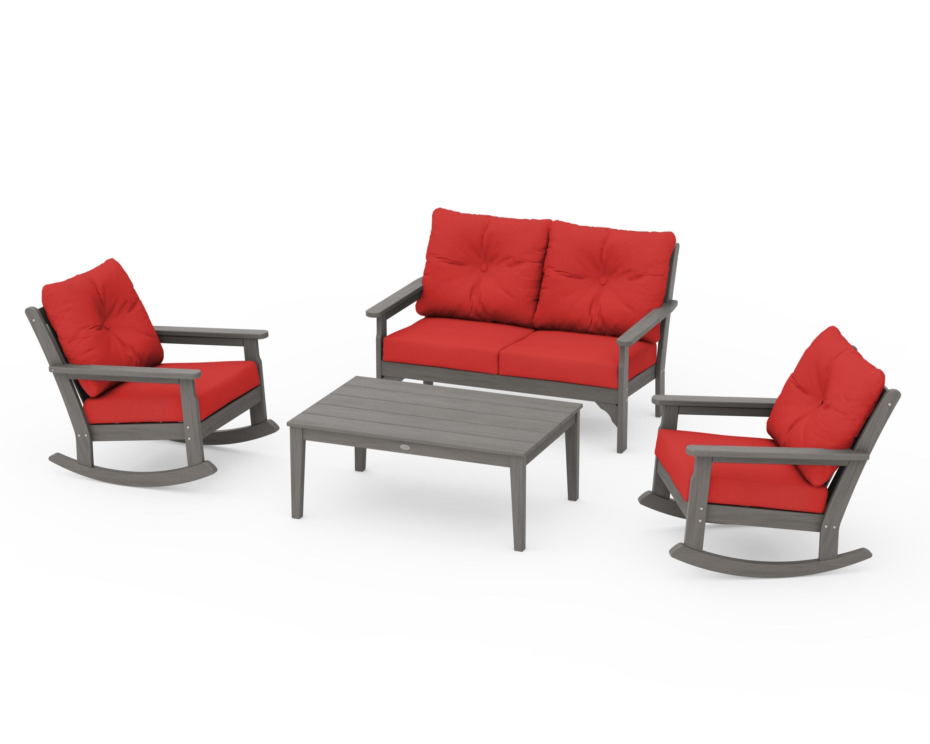 Vineyard 4-Piece Deep Seating Rocking Chair Set in Driftwood / Crimson Linen