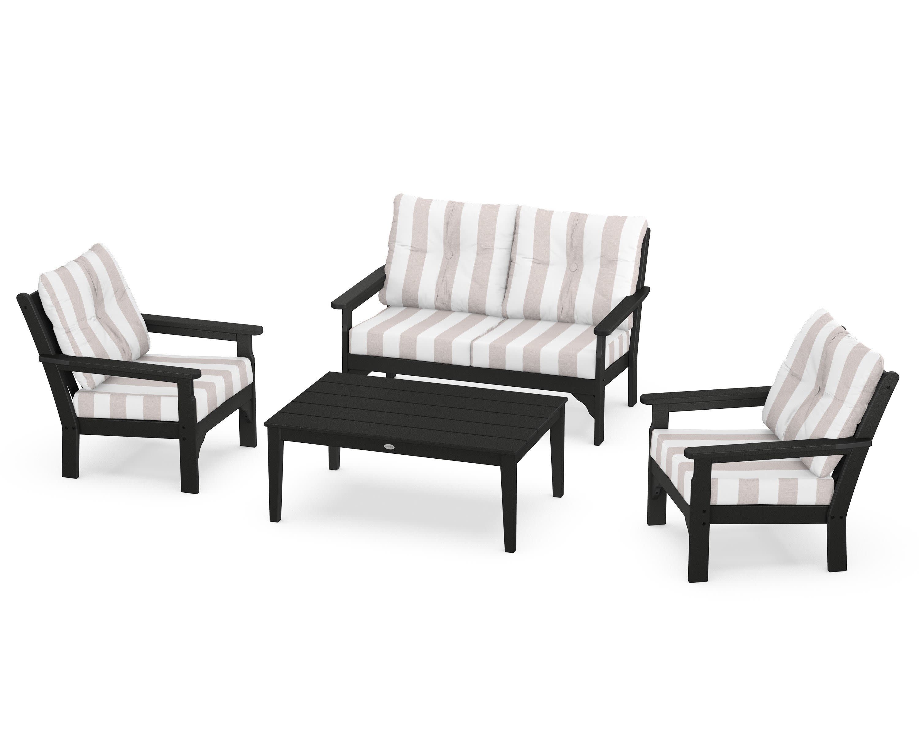 Vineyard 4-Piece Deep Seating Set in Black / Cabana Stripe Dune Burlap