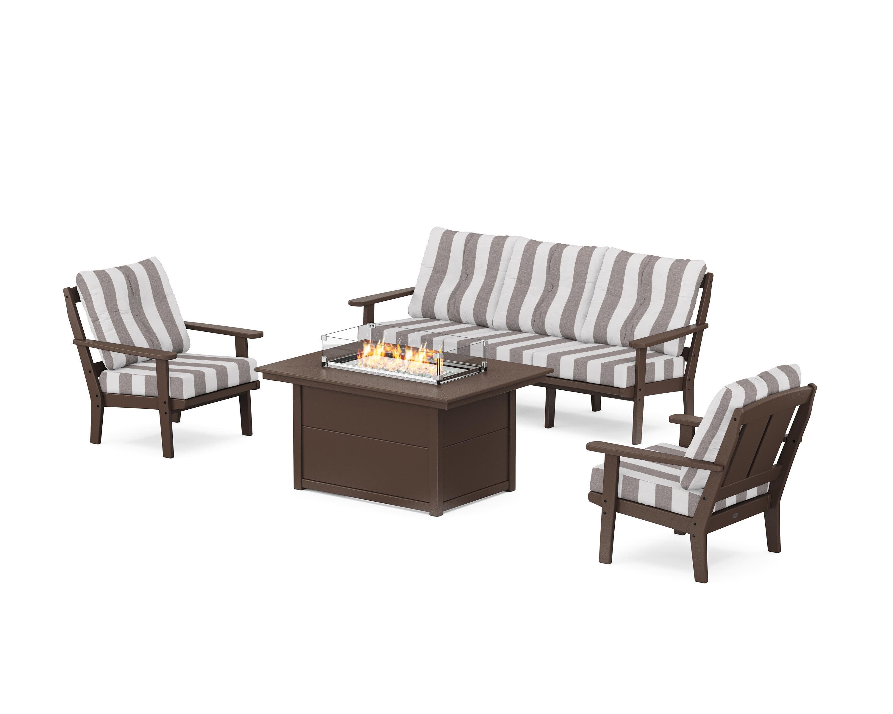 Mission Deep Seating Fire Pit Table Set in Mahogany / Cabana Stripe Grey Mist