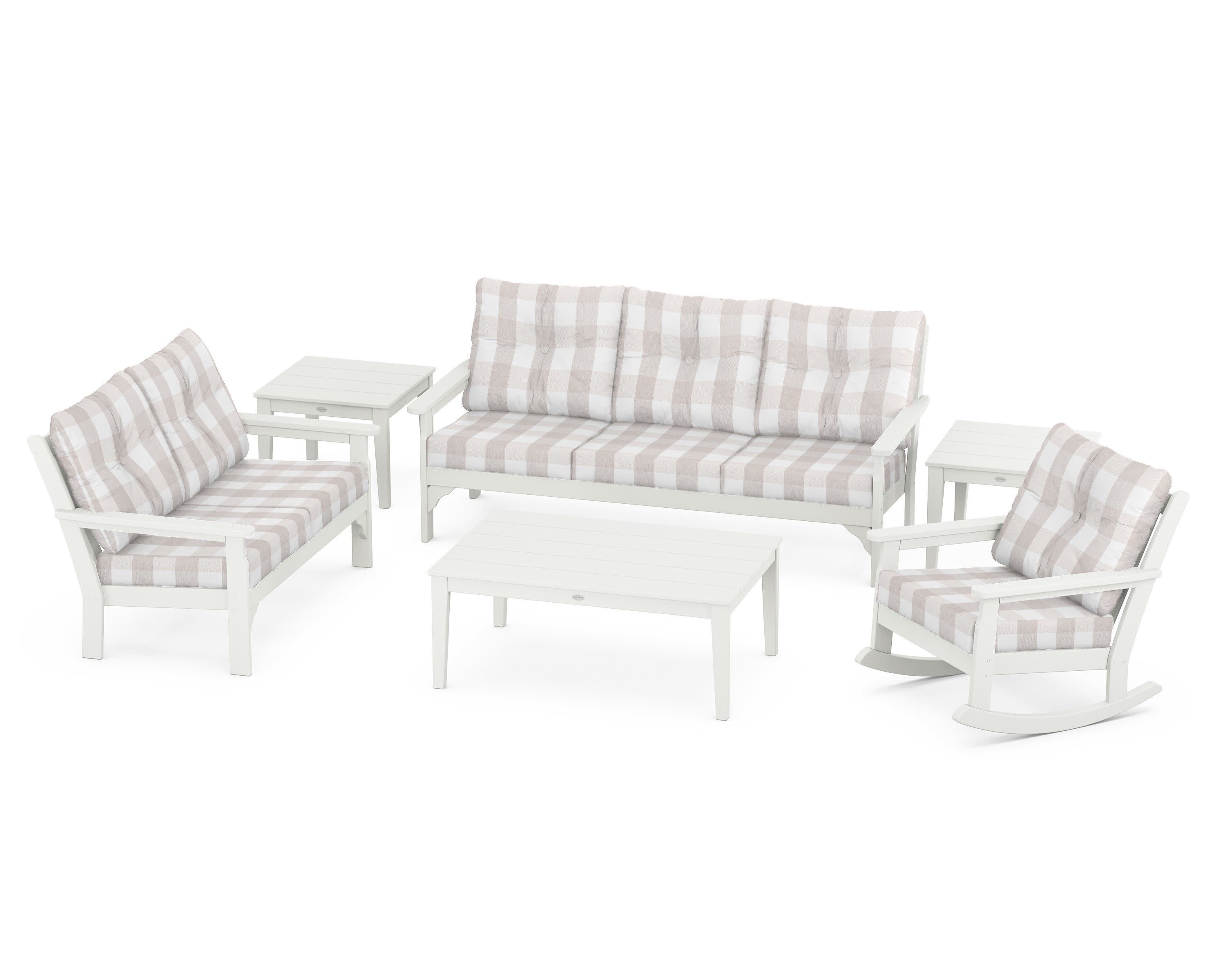 Vineyard 6-Piece Deep Seating Set in Vintage White / Buffalo Plaid Dune Burlap