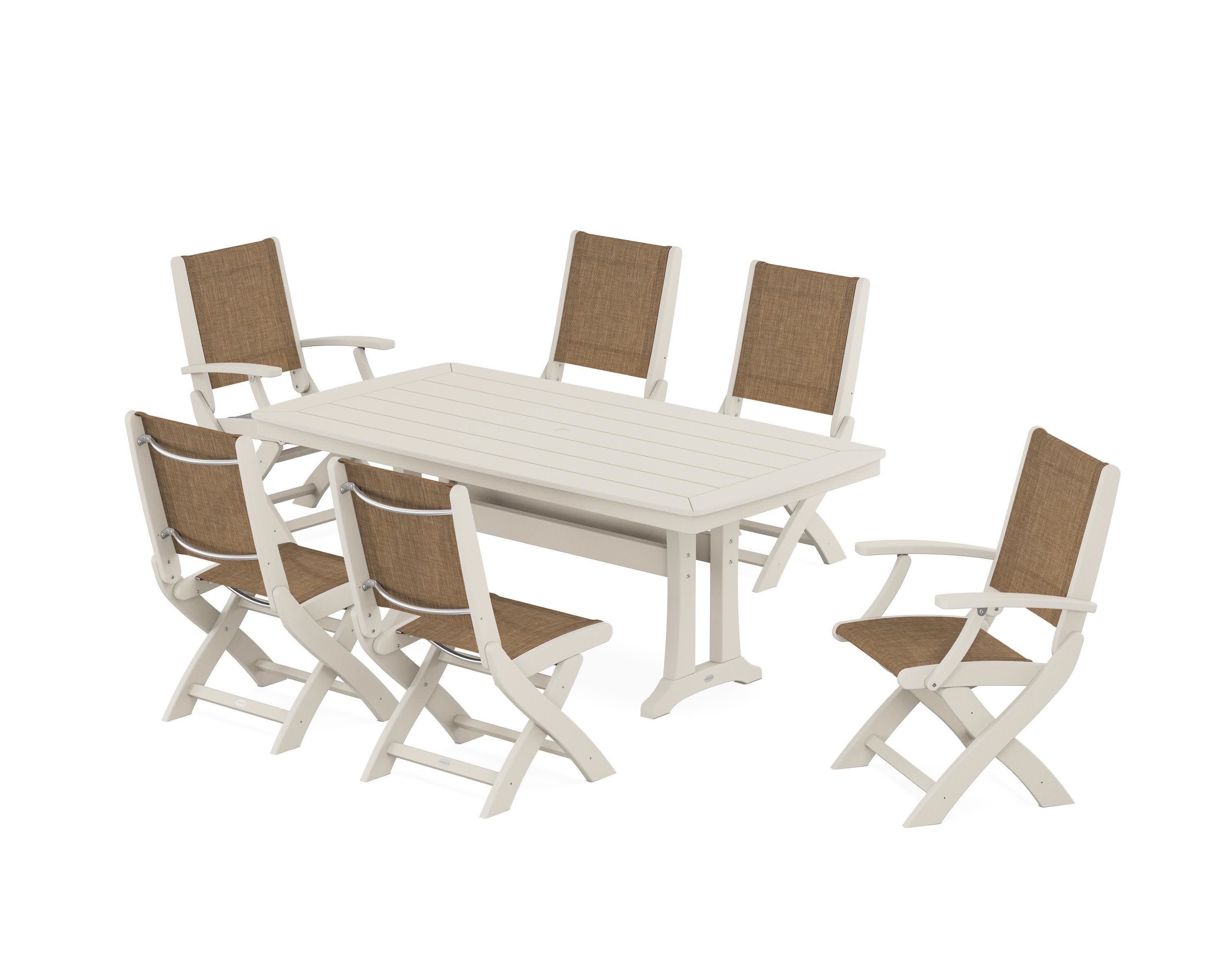 Coastal Folding Chair 7-Piece Dining Set with Trestle Legs in Sand / Burlap Sling