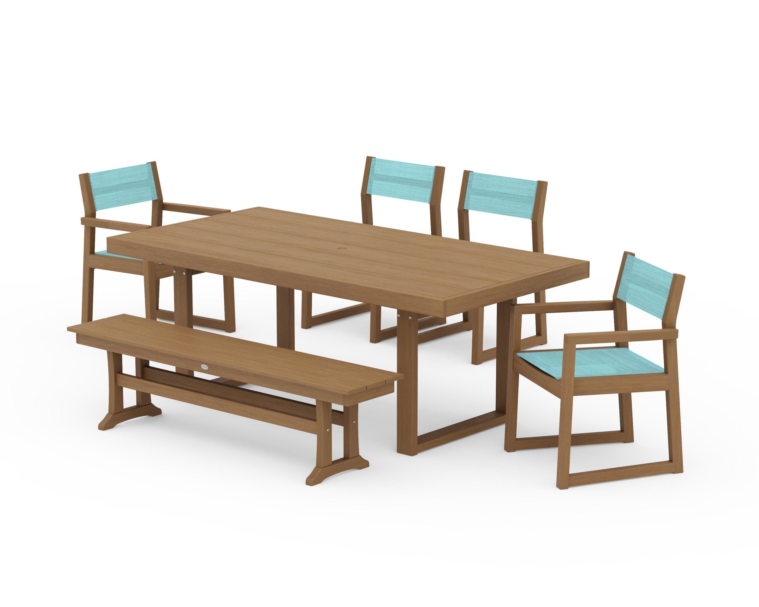 EDGE Sling 6-Piece Dining Set with Bench in Natural / Dupioni Aquamarine Sling