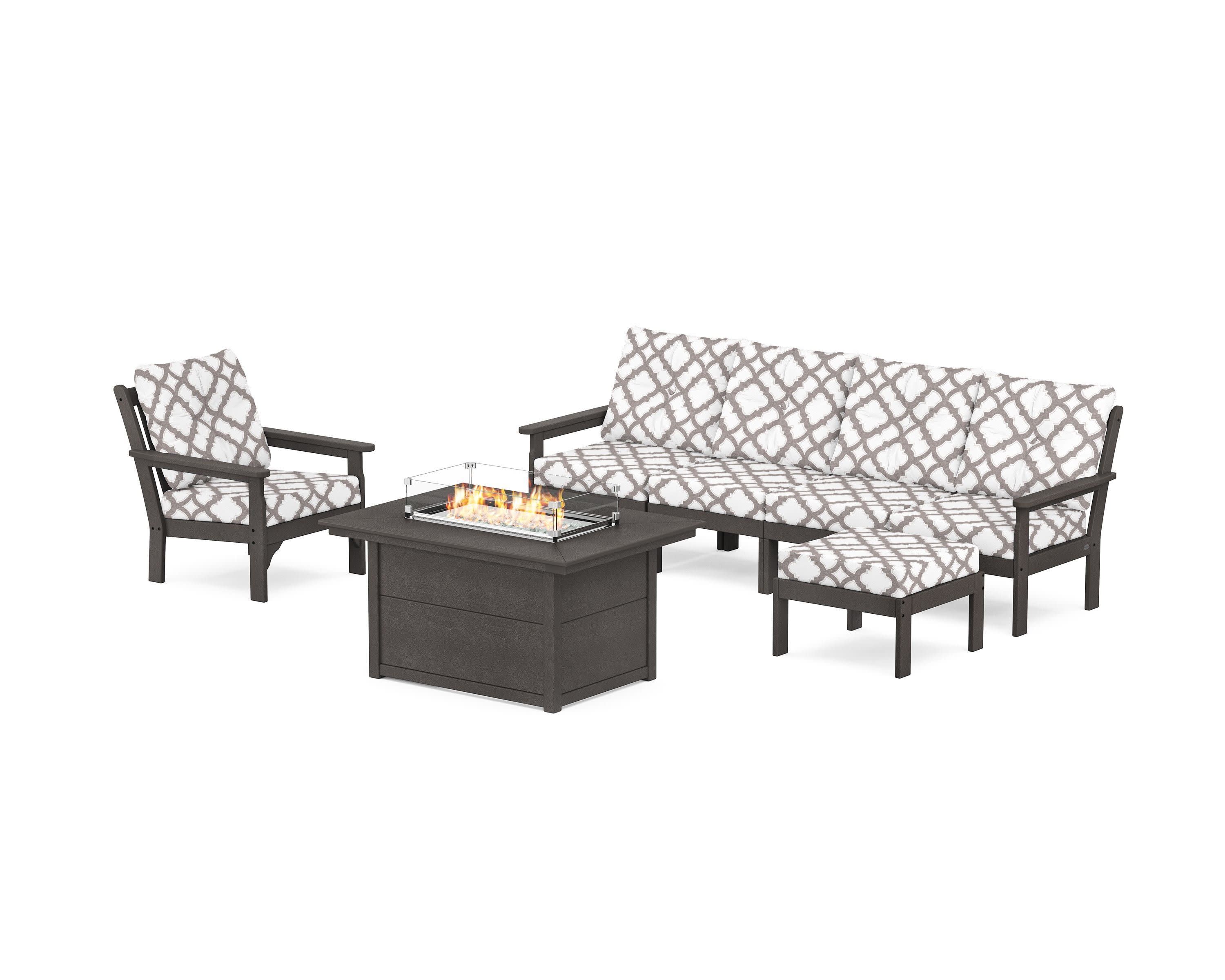 Vineyard Sectional Lounge and Fire Pit Set in Vintage Coffee / Trellis Grey Mist