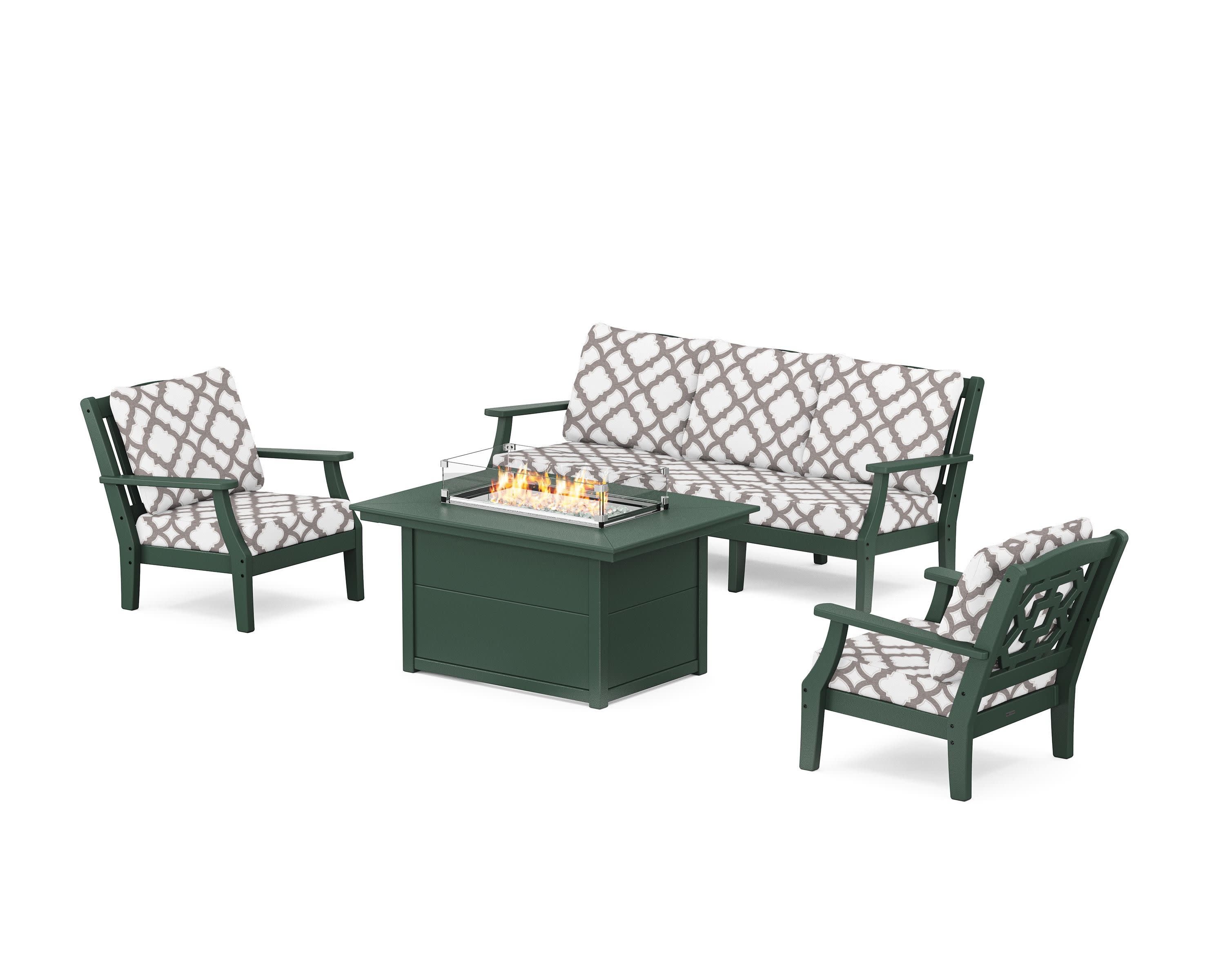 Chinoiserie Deep Seating Fire Pit Table Set in Green / Trellis Grey Mist