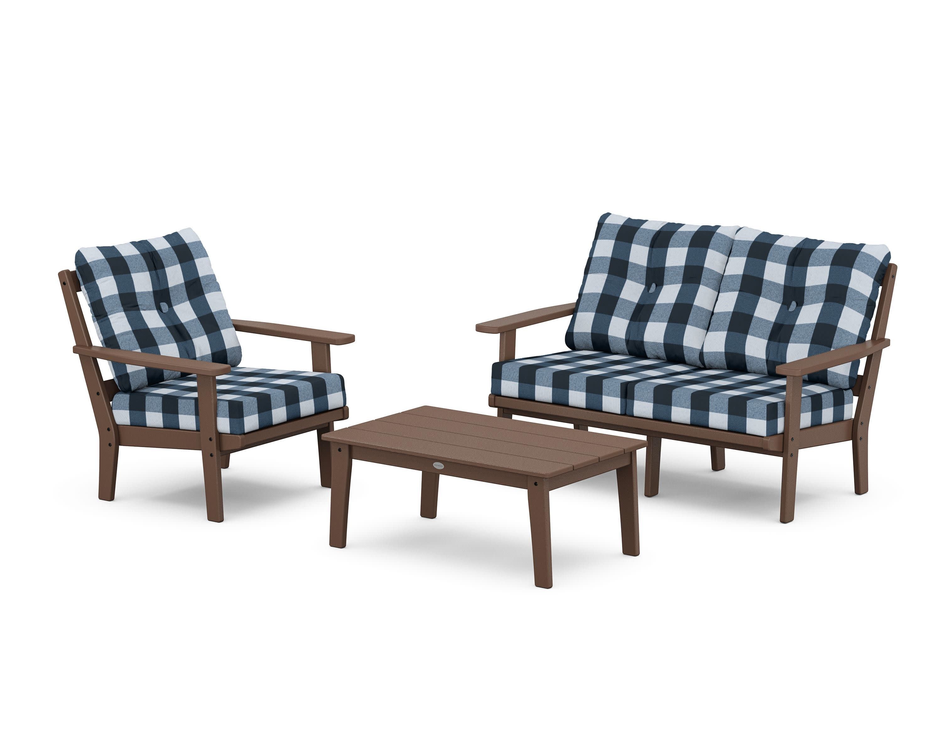 Oxford 3-Piece Deep Seating Set with Loveseat in Mahogany / Buffalo Plaid Marine Indigo