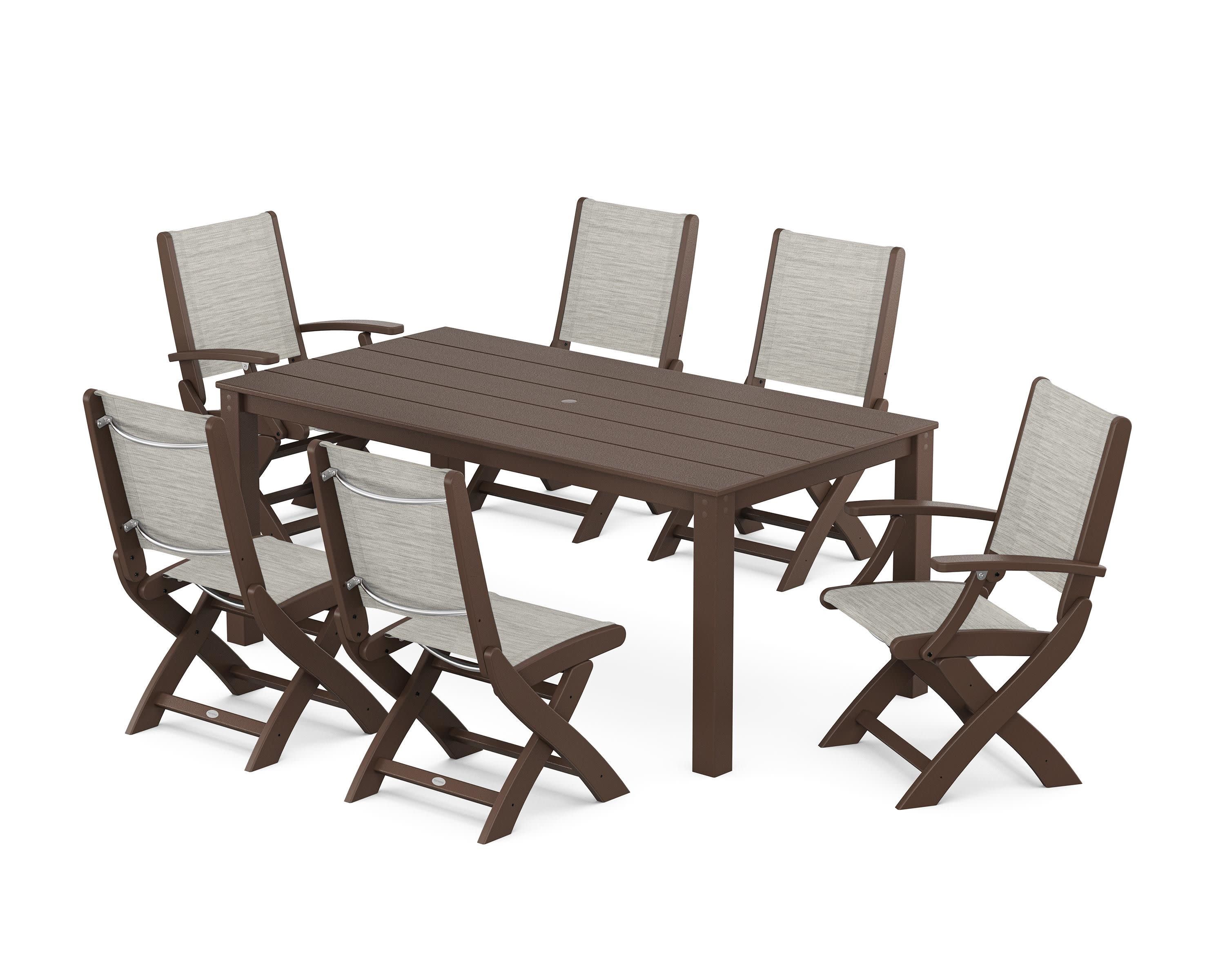 Coastal Folding Chair 7-Piece Parsons Dining Set in Mahogany / Birch Sling