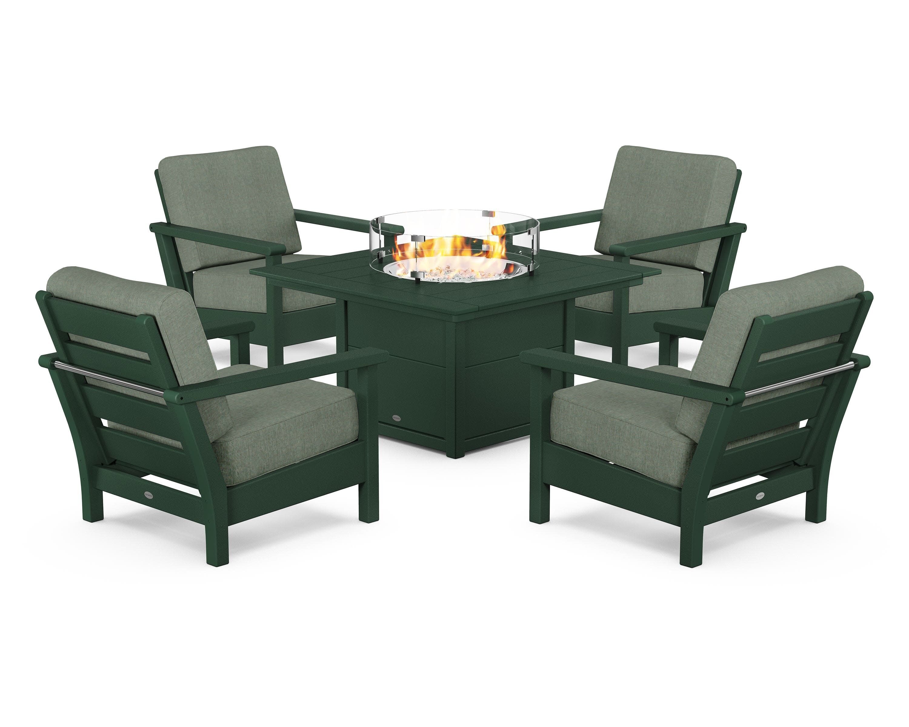 Harbour 5-Piece Conversation Set with Fire Pit Table in Green / Cast Sage