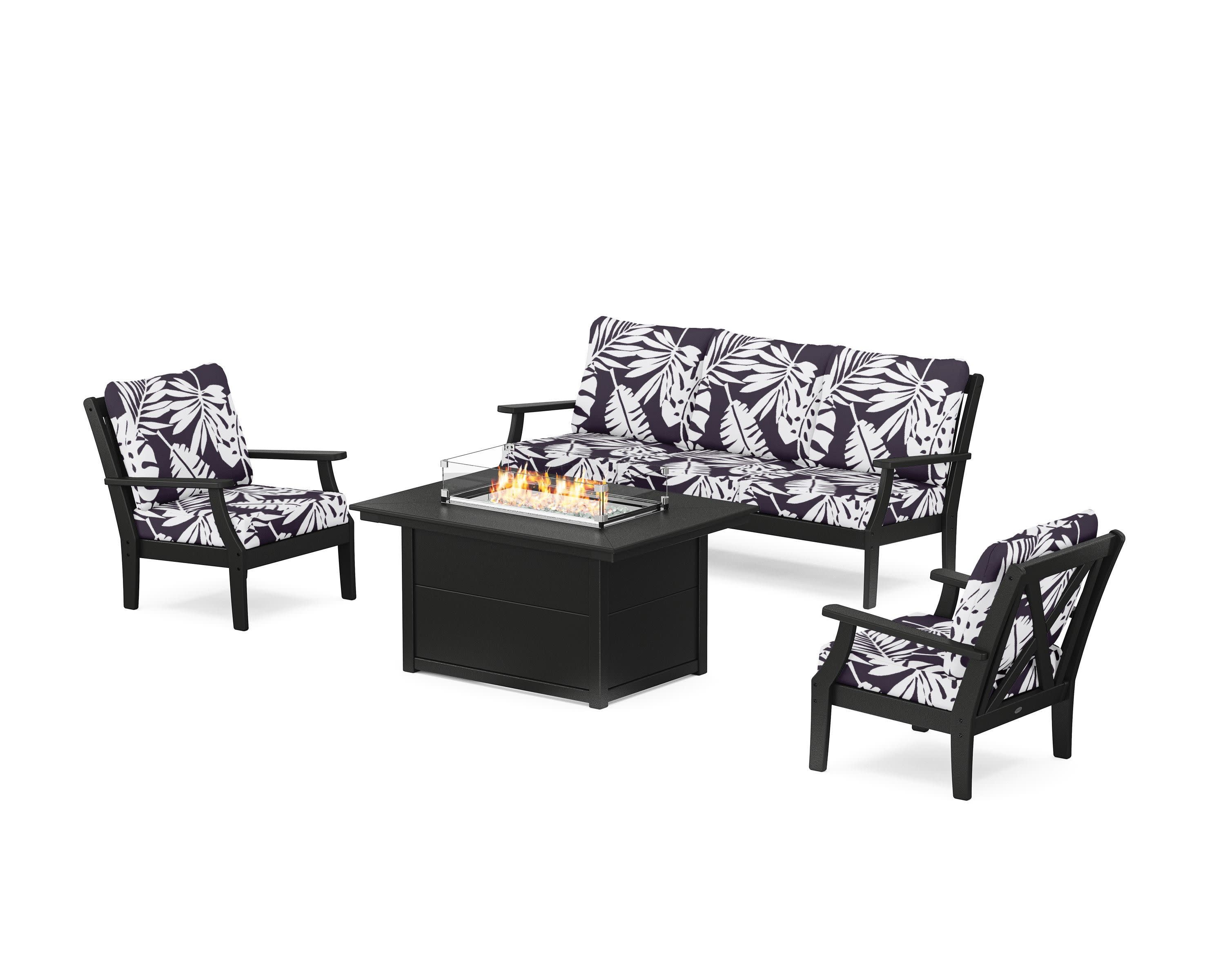 Braxton Deep Seating Fire Pit Table Set in Black / Leaf Navy