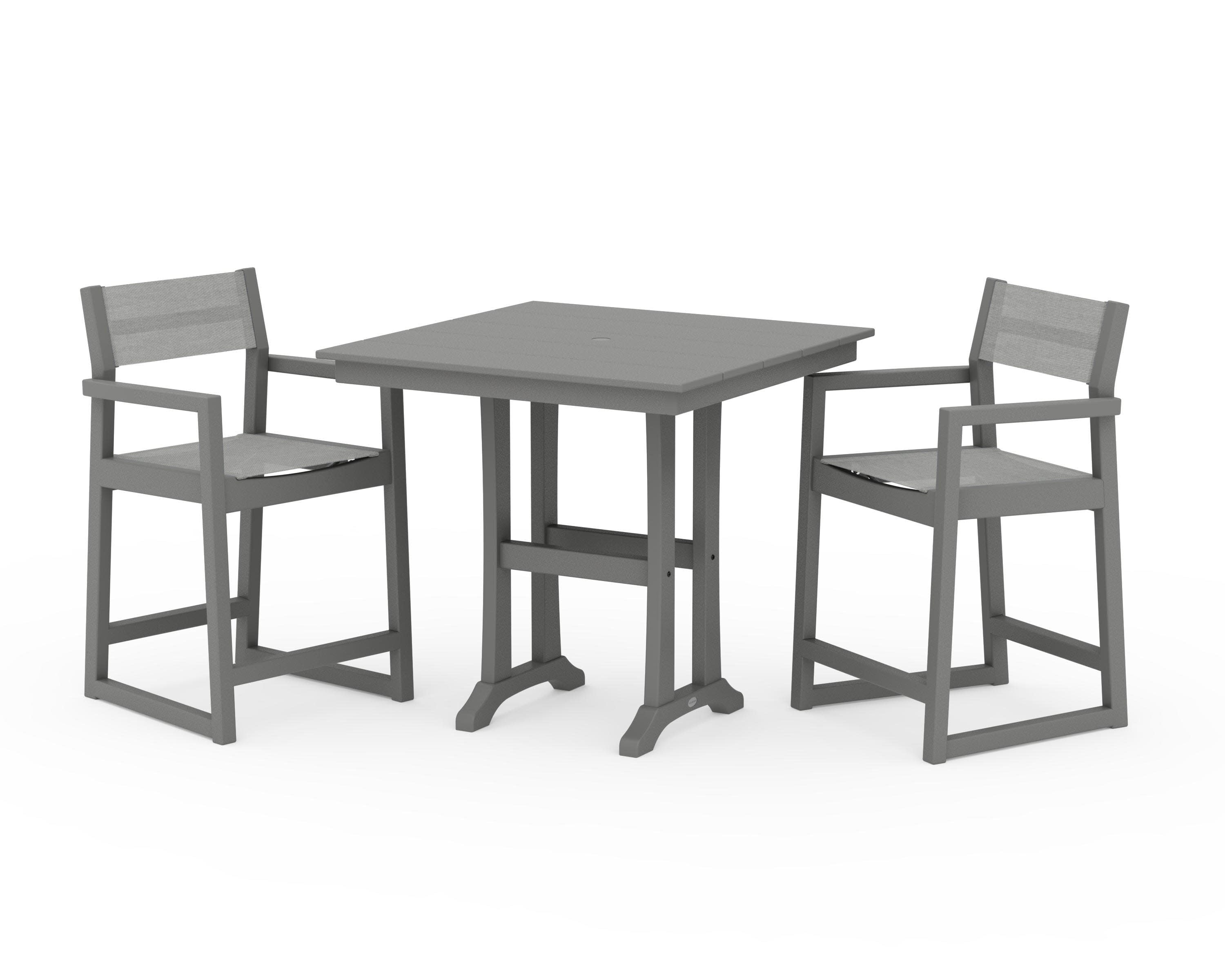 EDGE Sling Arm Chair 3-Piece Farmhouse Counter Set with Trestle Legs in Slate Grey / Metallic Sling