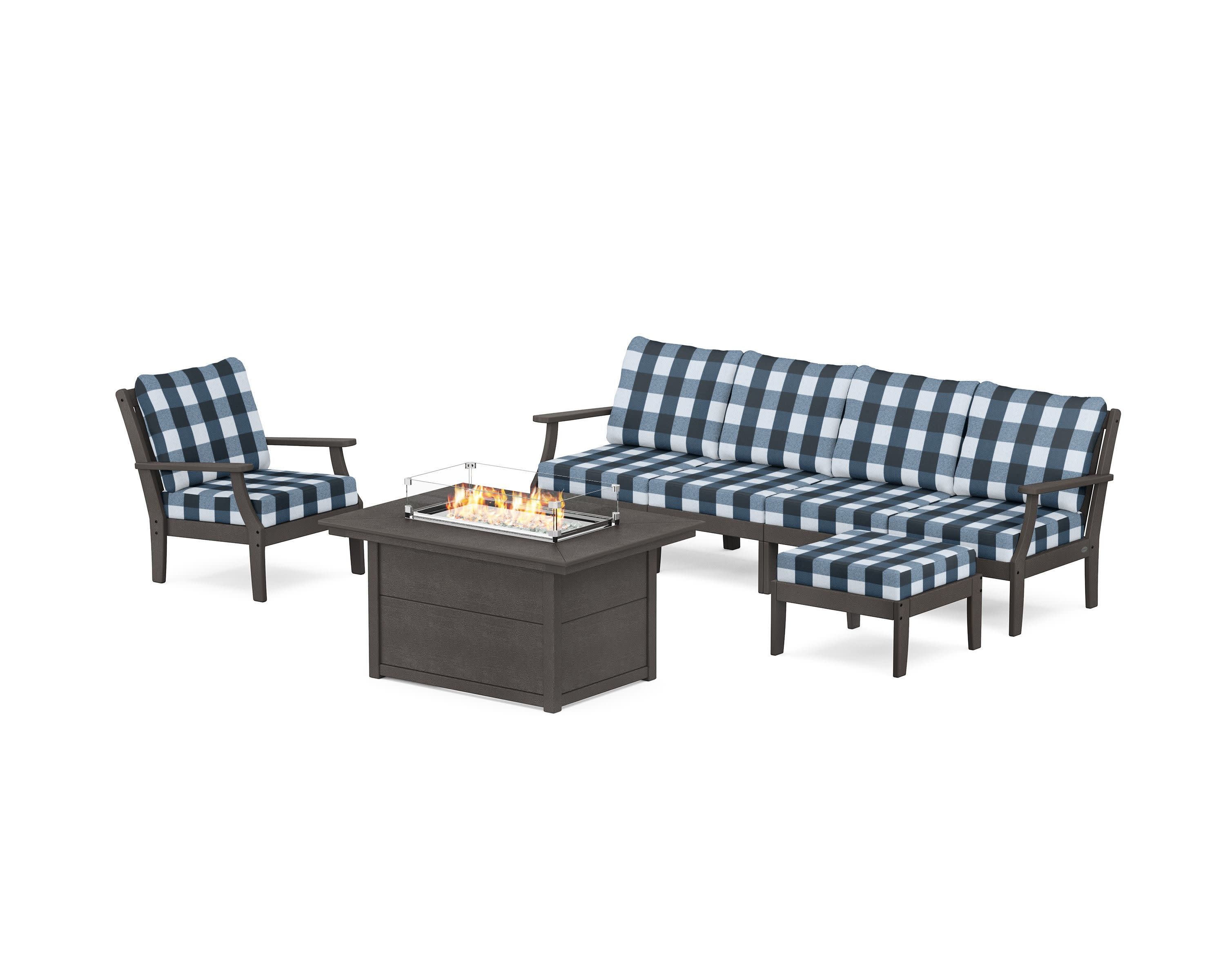 Braxton Sectional Lounge and Fire Pit Set in Vintage Coffee / Buffalo Plaid Marine Indigo